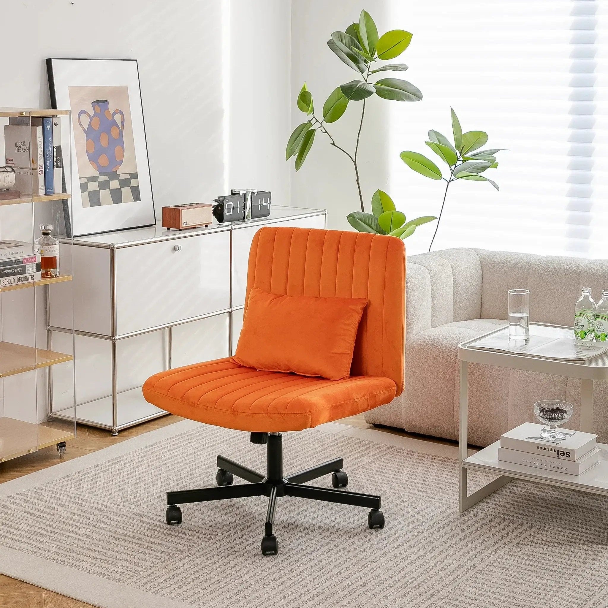 Premium orange velvet armless office chair with wheels and criss-cross design by Platinum-Level Office Chairs.