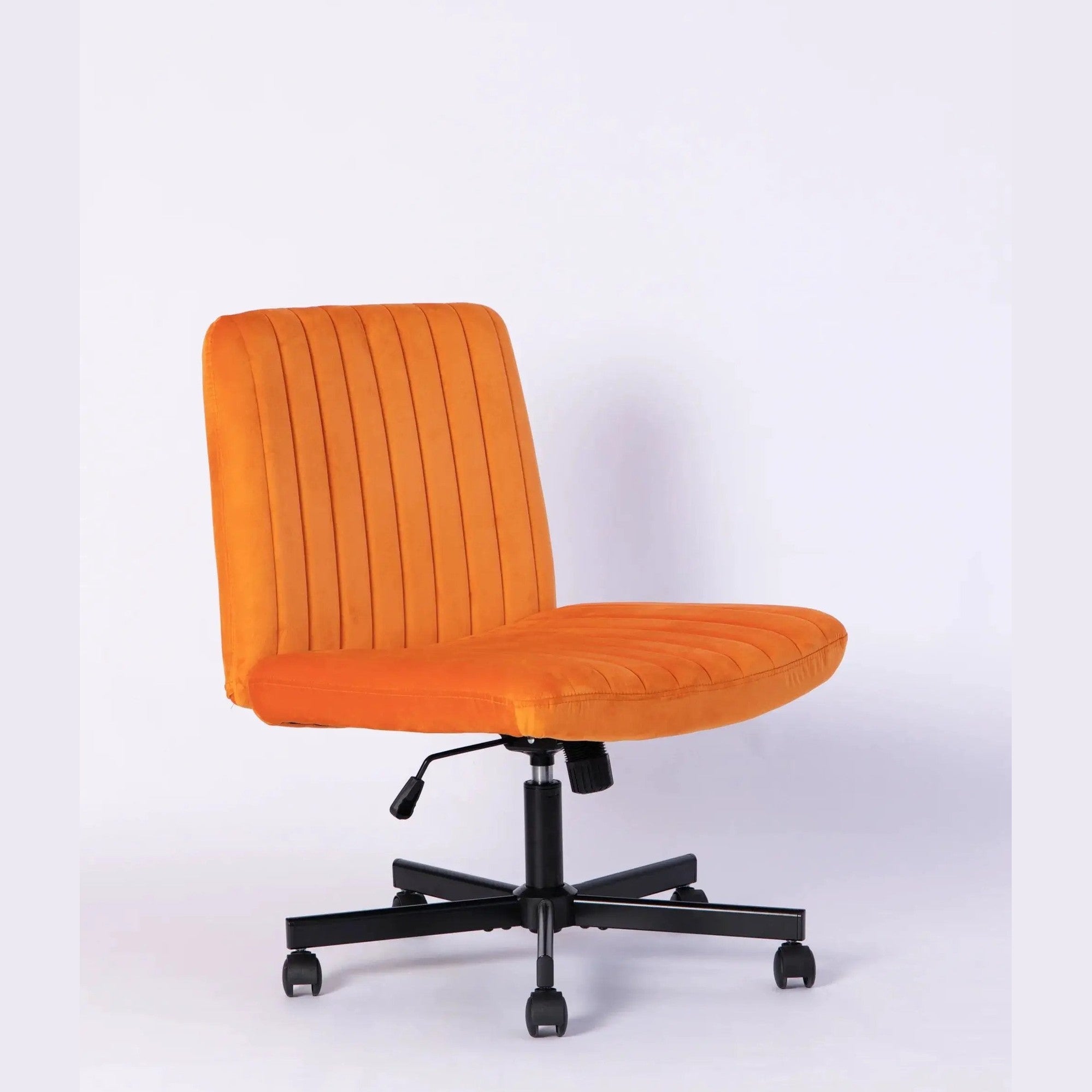 Orange velvet armless office chair with wheels and criss-cross design by Platinum-Level Office Chairs.