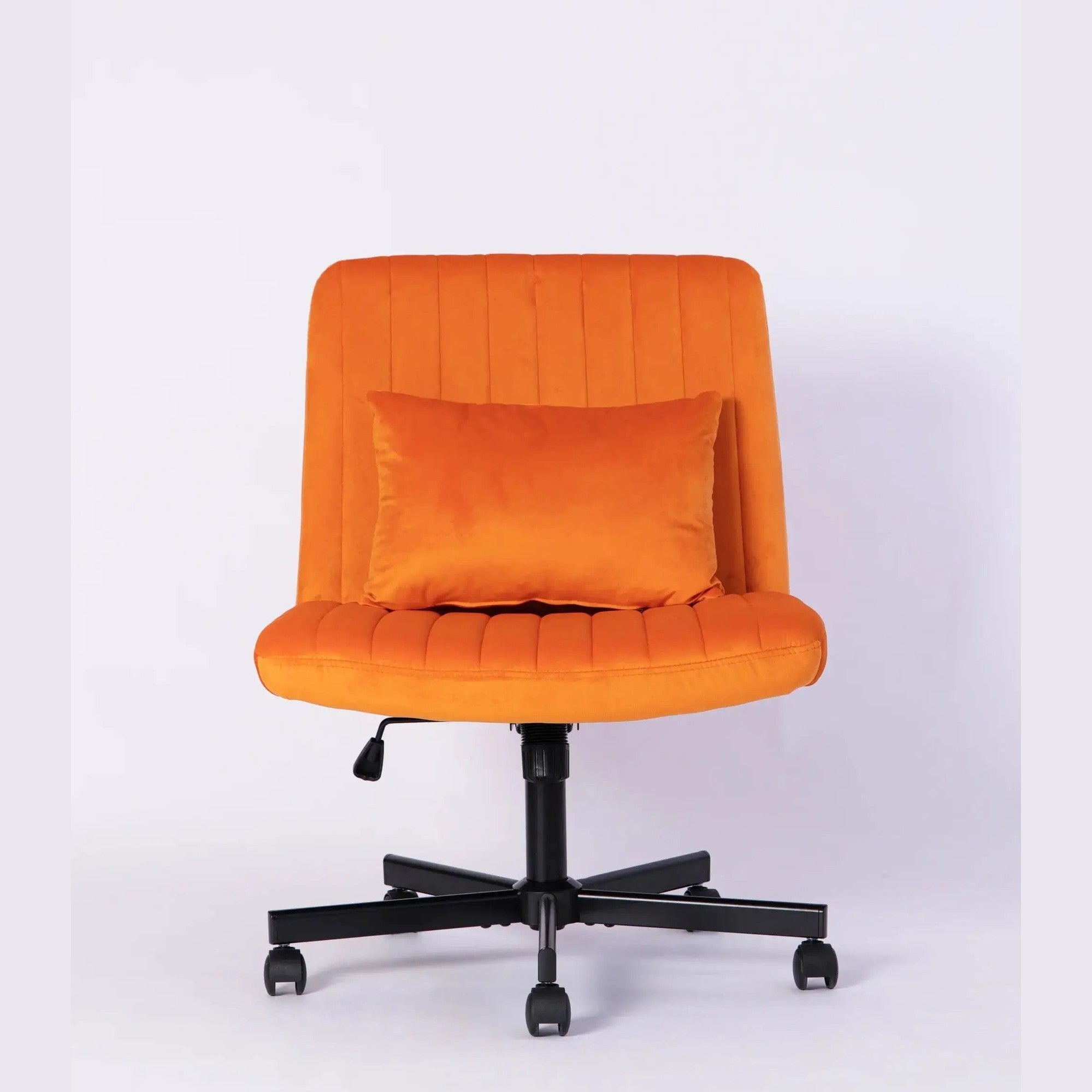Premium orange velvet armless office chair with wheels and criss-cross design by Platinum-Level Office Chairs