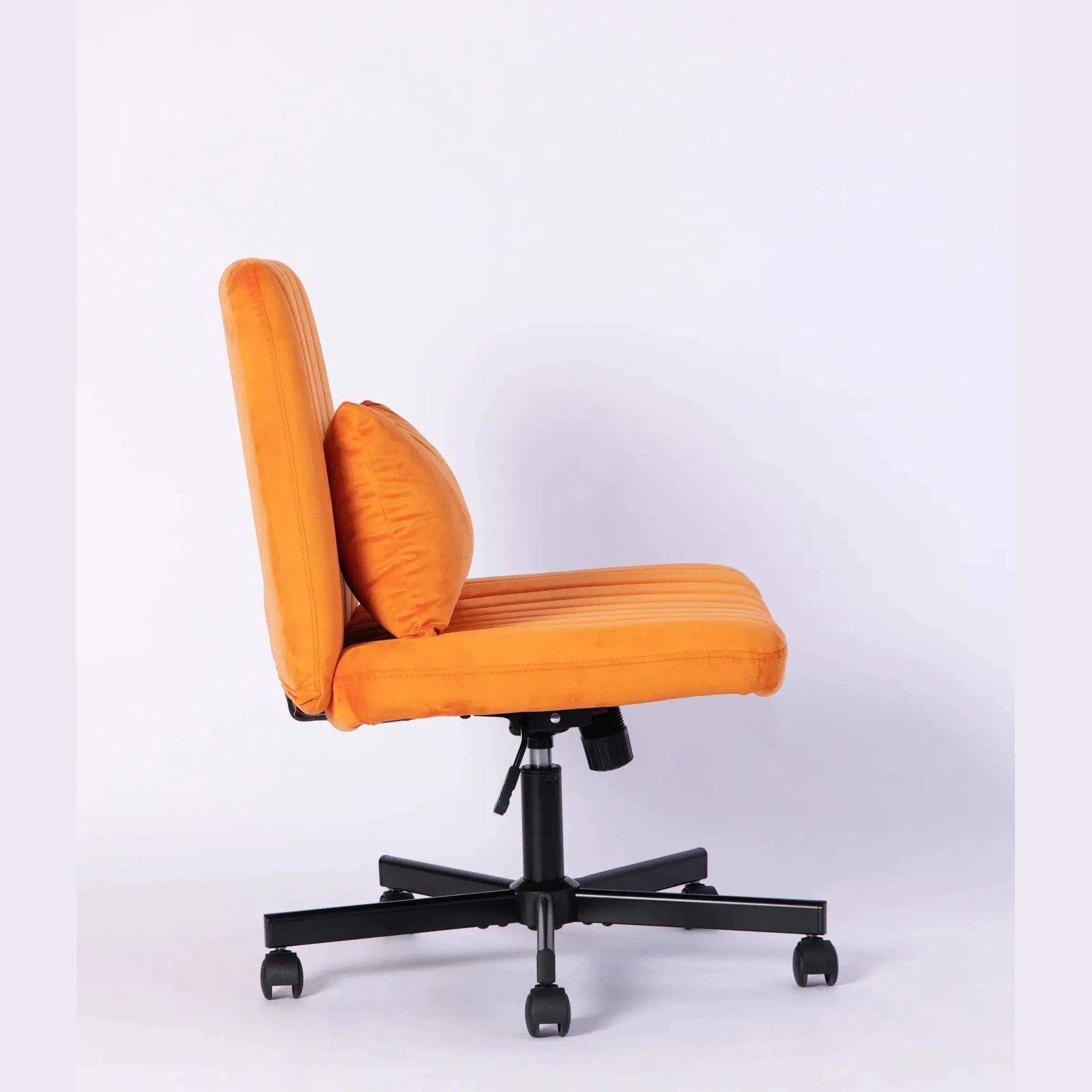 Premium orange velvet armless office chair with wheels and criss-cross design by Platinum-Level Office Chairs