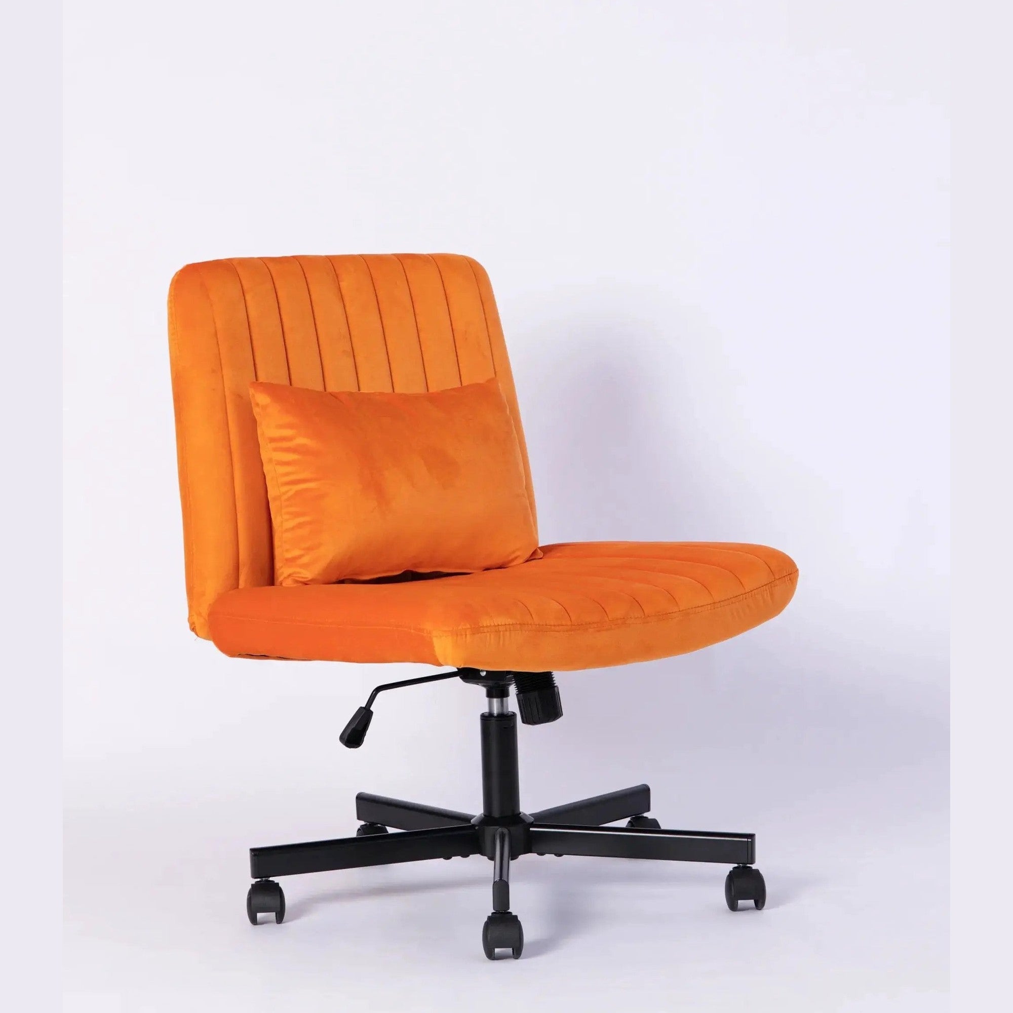 Premium orange velvet armless office chair with wheels from Platinum-Level Office Chairs, featuring a criss-cross design and modern style.