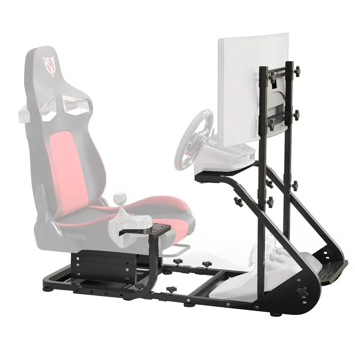Rock Solid Pro racing wheel cockpit for Fanatec, Thrustmaster, and Logitech gaming wheels, with sturdy construction for immersive racing.