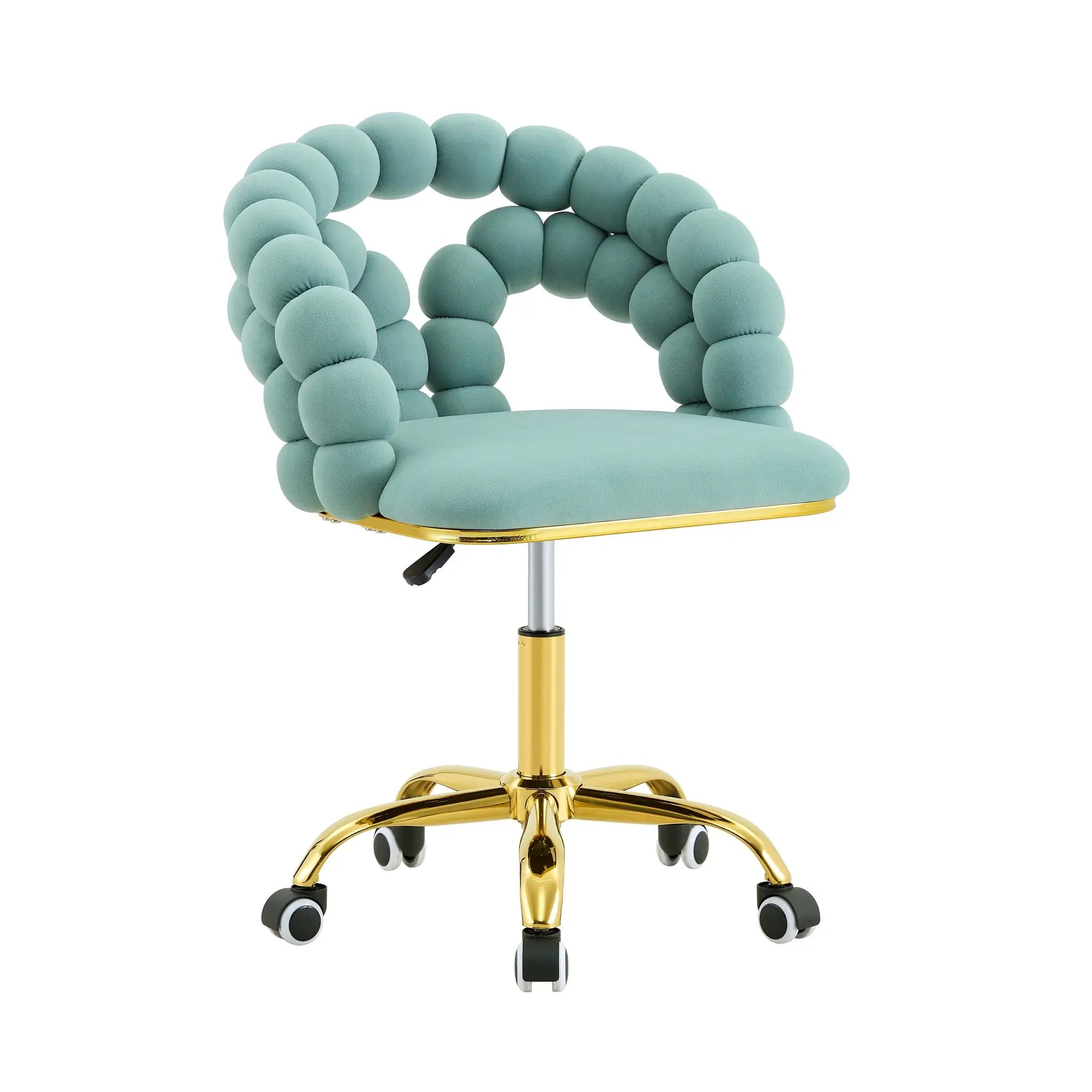 Teal velvet adjustable swivel desk chair with gold metal base from Platinum-Level Office Chairs, ideal for home office use.