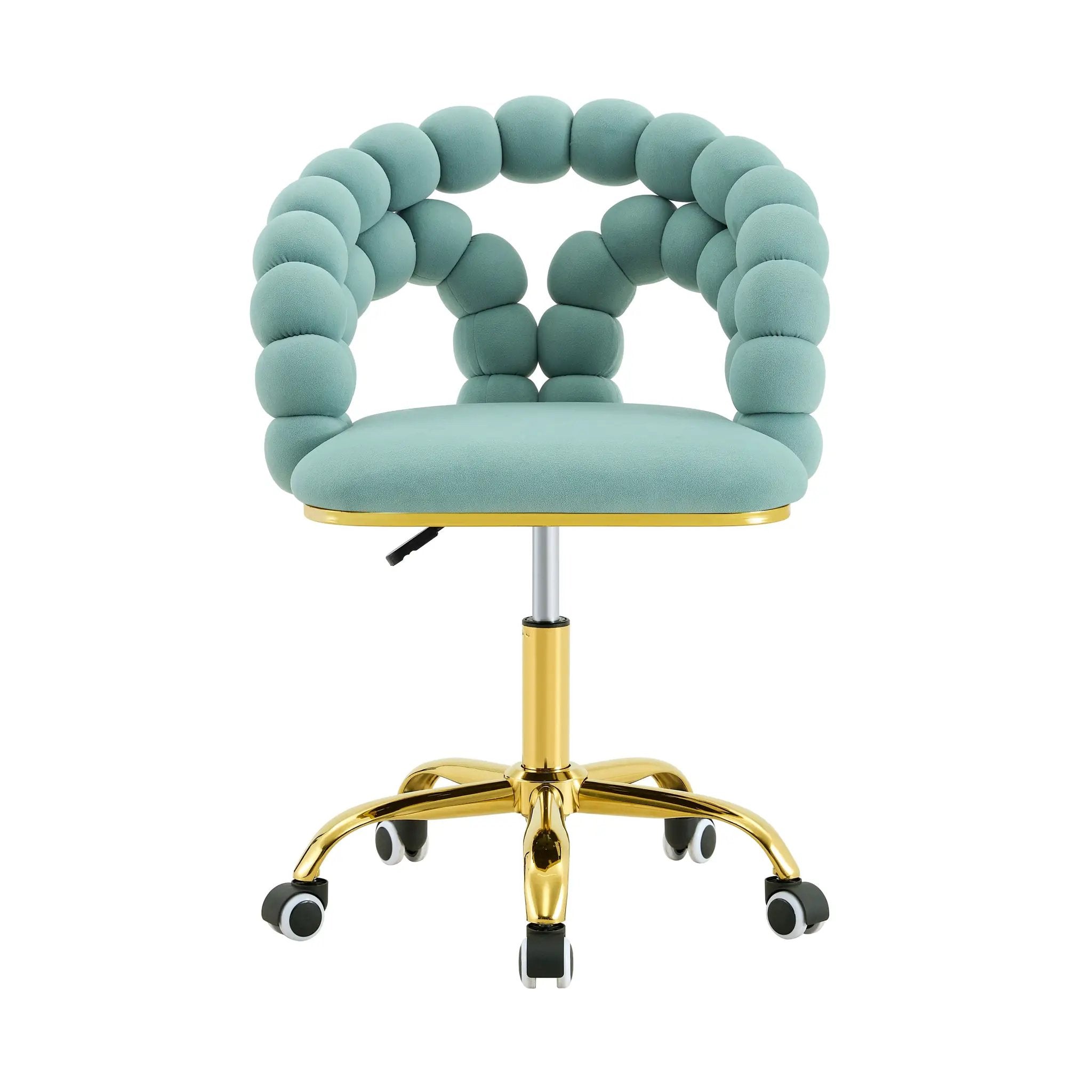 Teal velvet adjustable swivel desk chair with gold metal base by Platinum-Level Office Chairs for home office comfort.