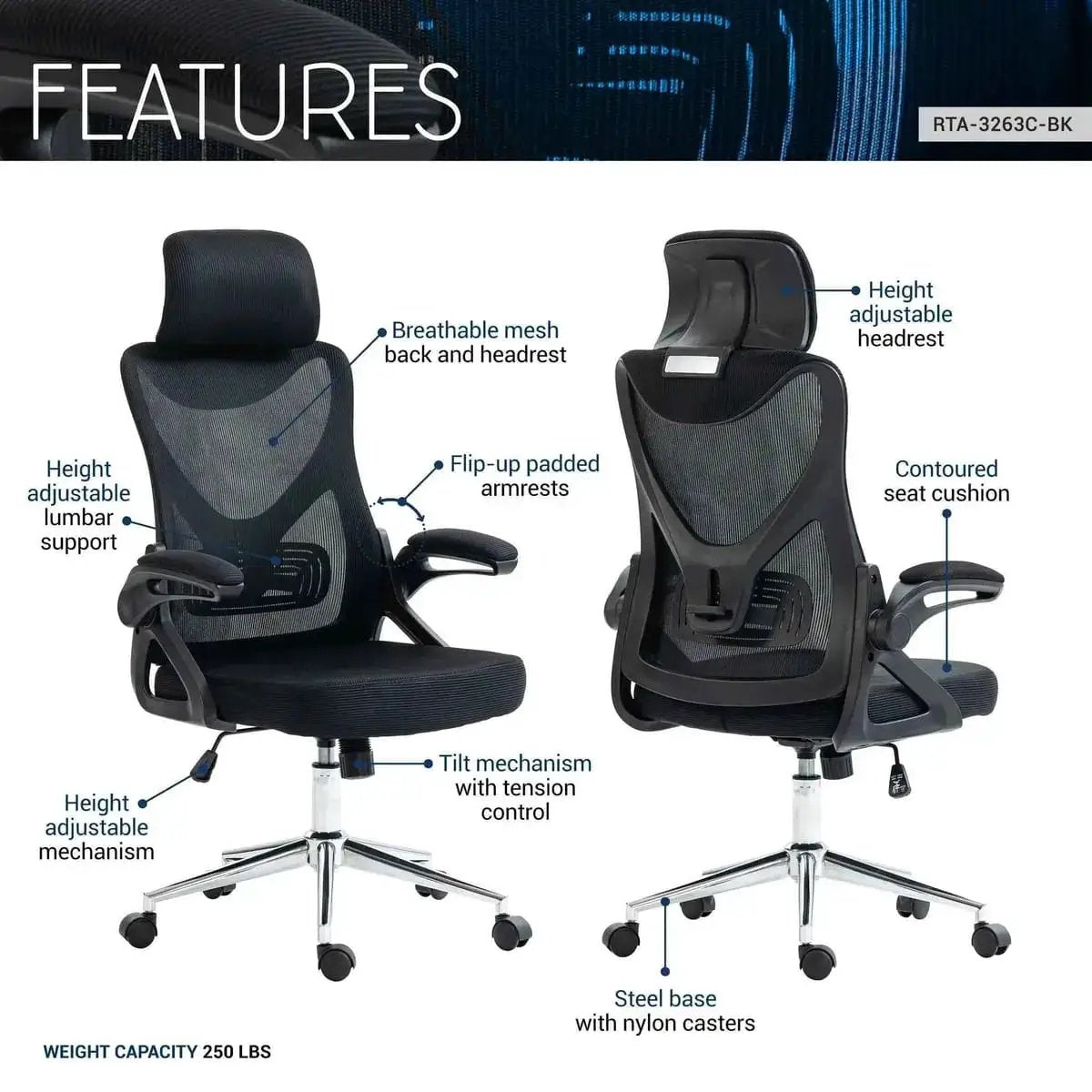 Techni Mobili Premium Ergonomic Office Chair With Headrest And Lumbar - Platinum-Level Office Chairs