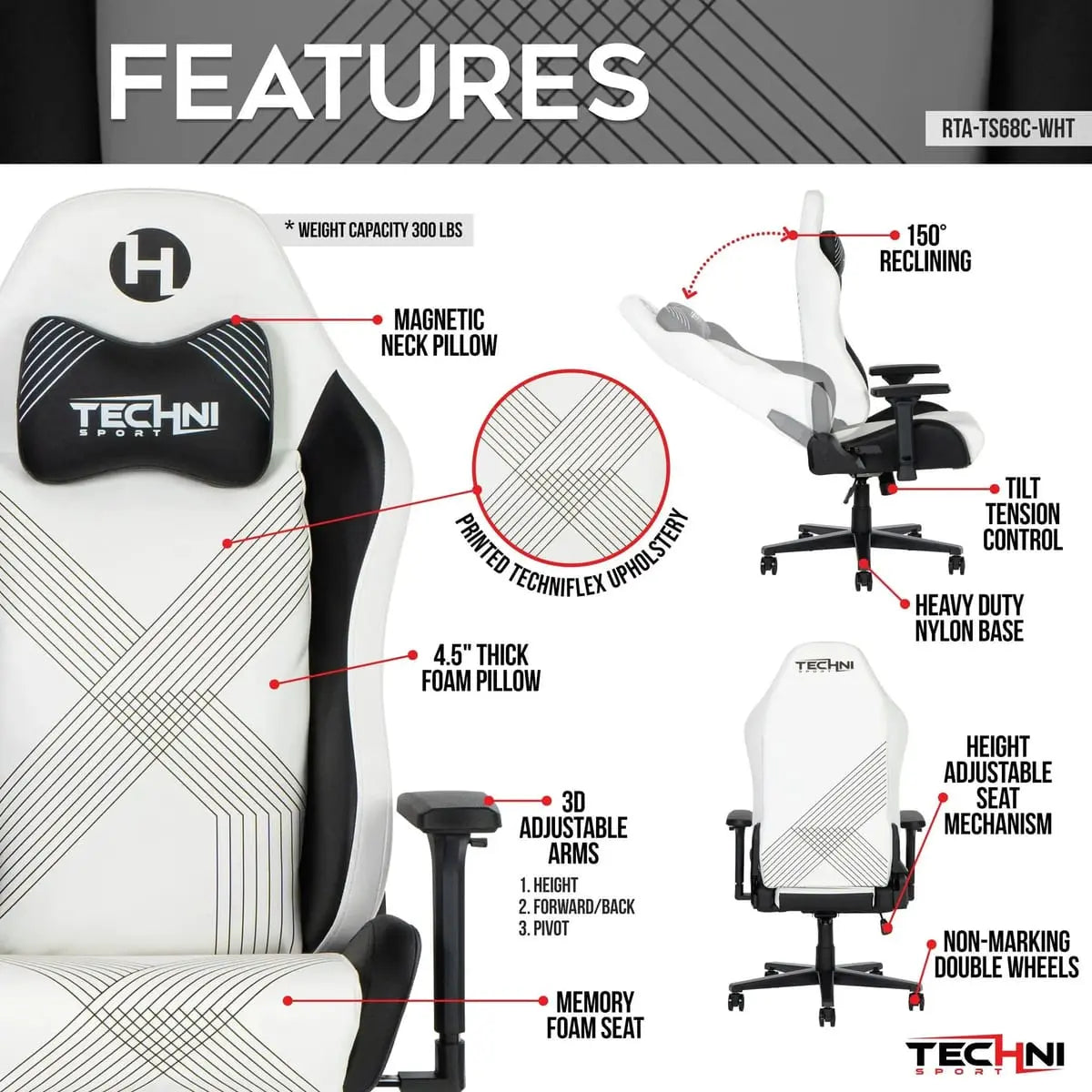 Techni Sport gaming chair by Platinum-Level Office Chairs with ergonomic design and memory foam seat for all-day comfort.