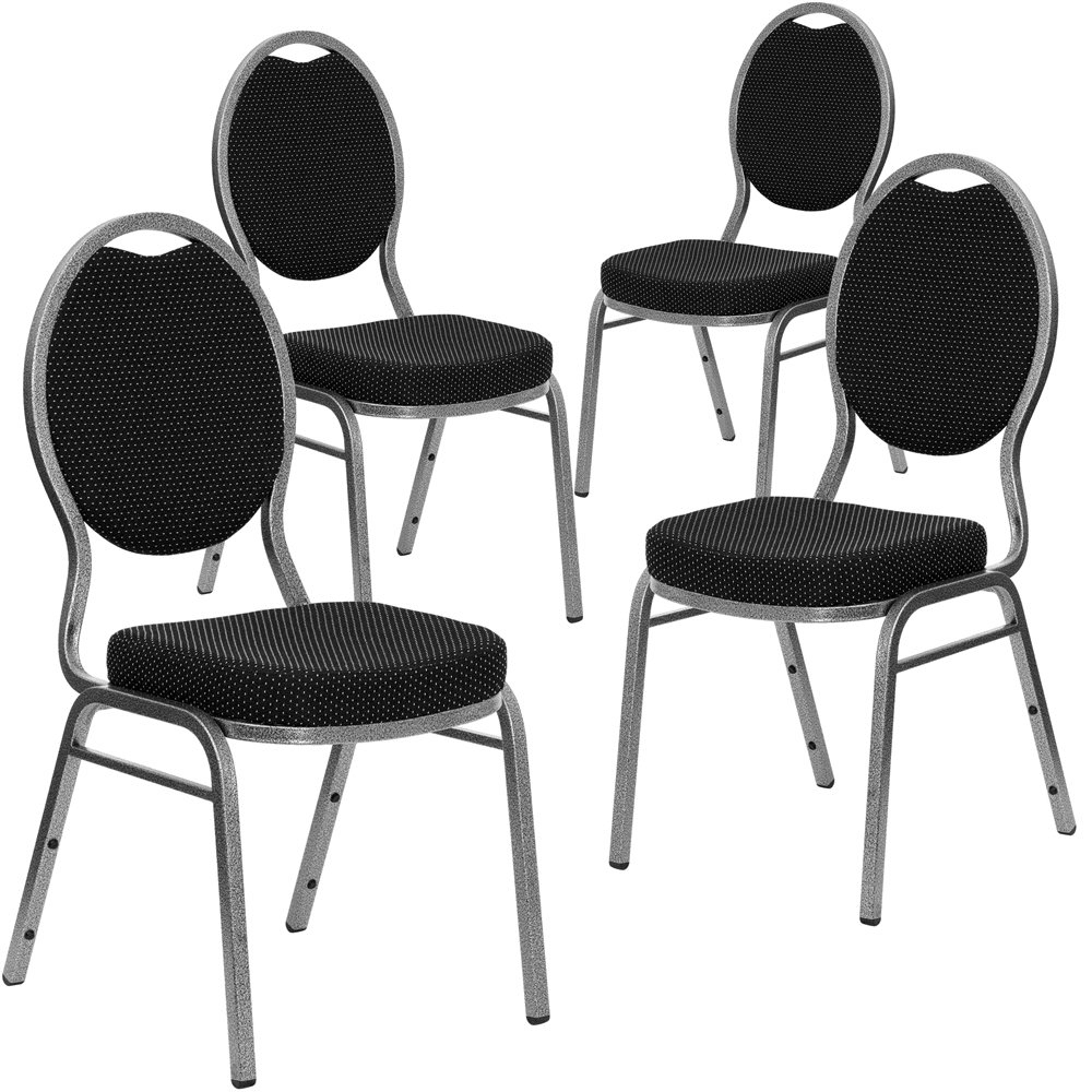 Elevate your events with the 4 Pk. Stacking Chair with Black Patterned Fabric - Silver Vein Frame, perfect for any setting.