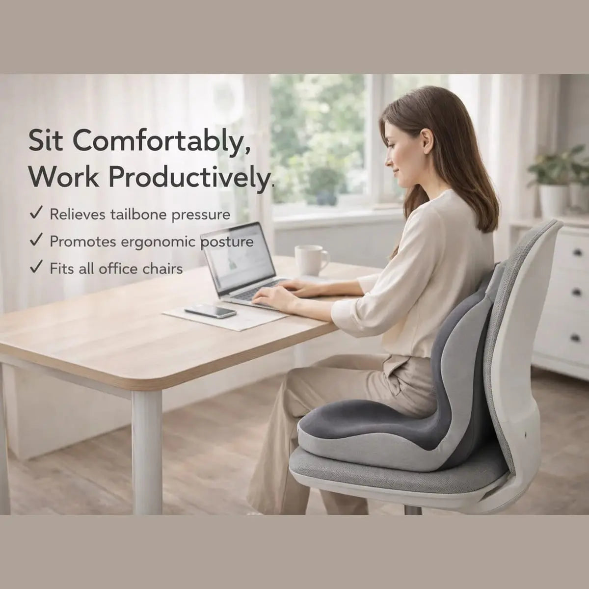 Elvix ergonomic memory foam seat cushion for office chairs and cars, designed for tailbone and back pain relief and posture support.