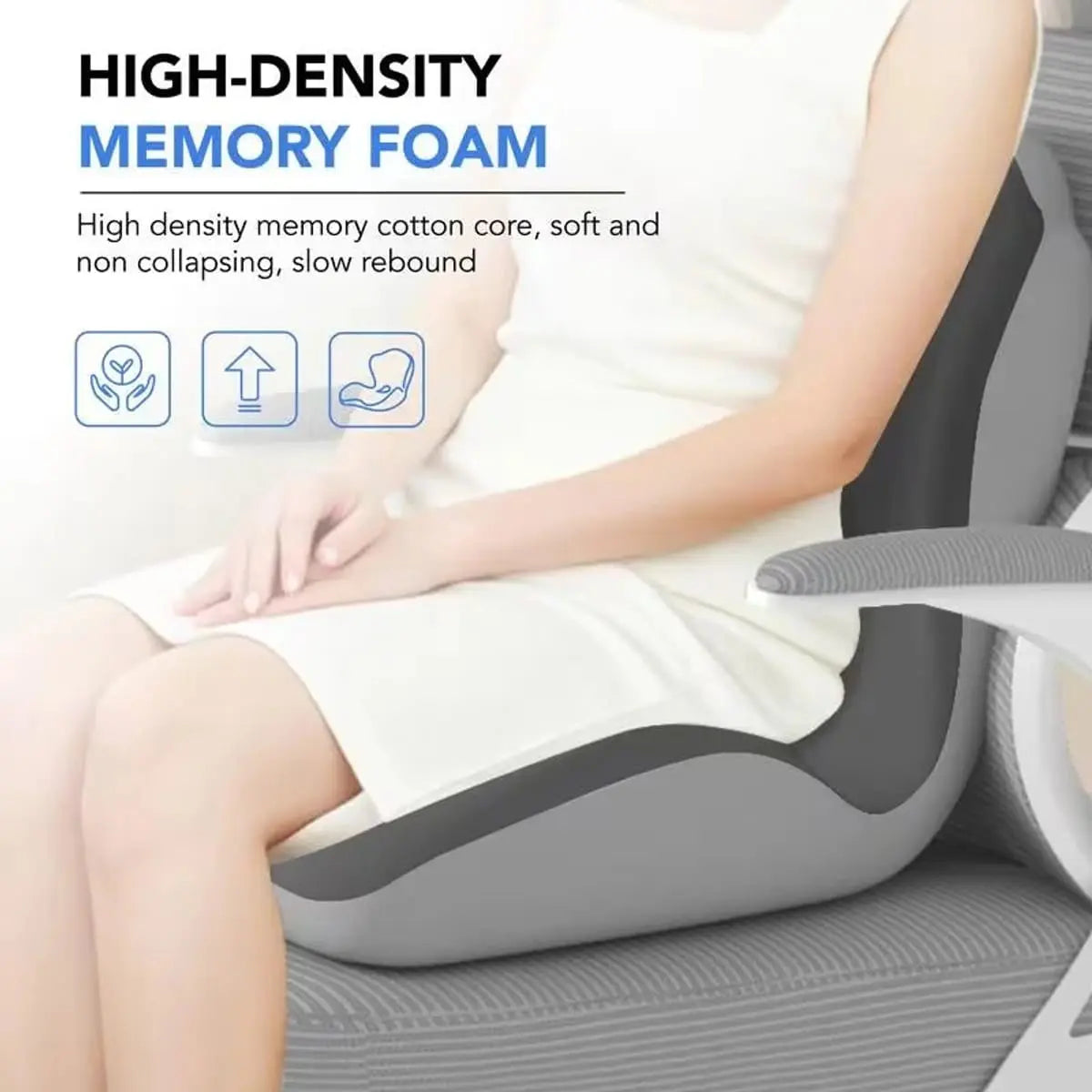 Elvix ergonomic memory foam seat cushion for office chair and car, providing tailbone relief and back pain support.