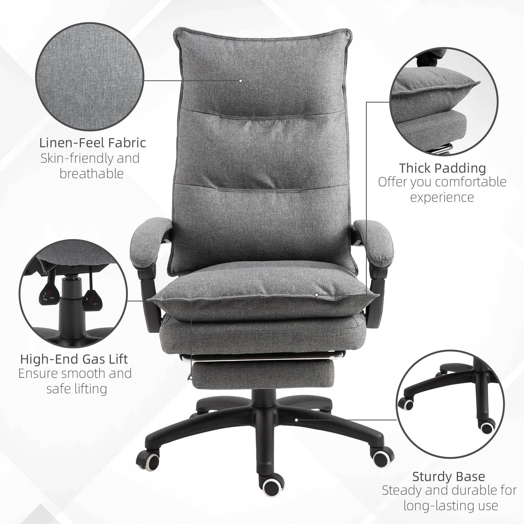 Vinsetto Adjustable 360° Swivel Recliner Chair with Retractable Footrest and Double Padding in Grey Fabric for Home Office - Platinum-Level Office Chairs