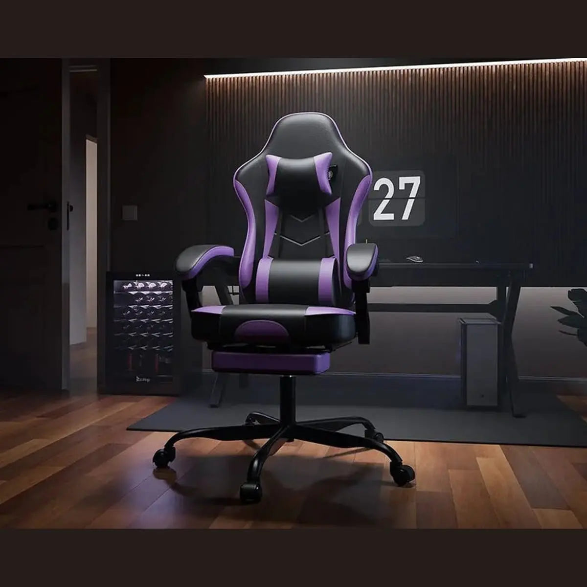 Platinum-Level Office Chairs ergonomic gaming chair with built-in footrest and massage feature, black and red design, adjustable armrests.