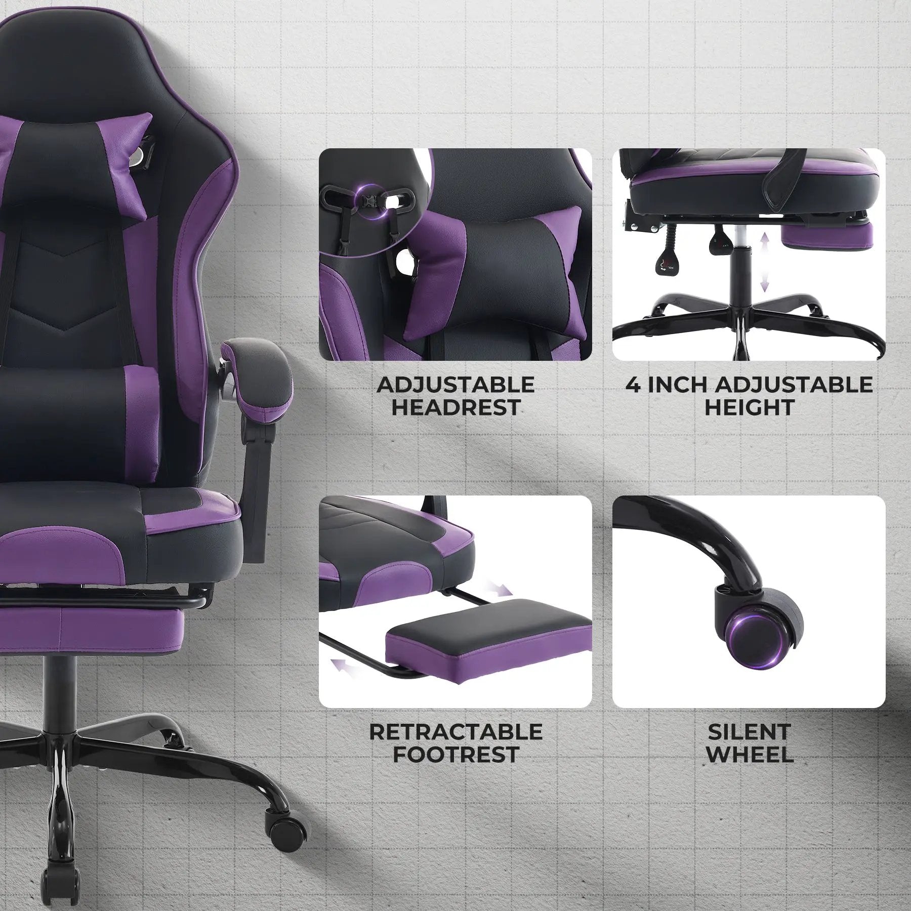Platinum-Level Office Chairs ergonomic gaming chair with built-in footrest and massage feature, padded seat and adjustable armrests.