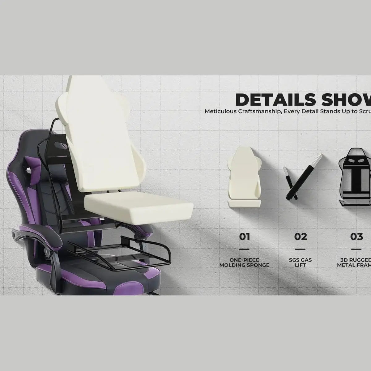 Platinum-Level Office Chairs ergonomic gaming chair with built-in footrest and massage feature, black with adjustable headrest and lumbar support.