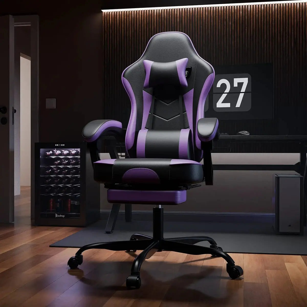 Platinum-Level Office Chairs ergonomic gaming chair with built-in footrest and massage feature, black leather upholstery and adjustable headrest.