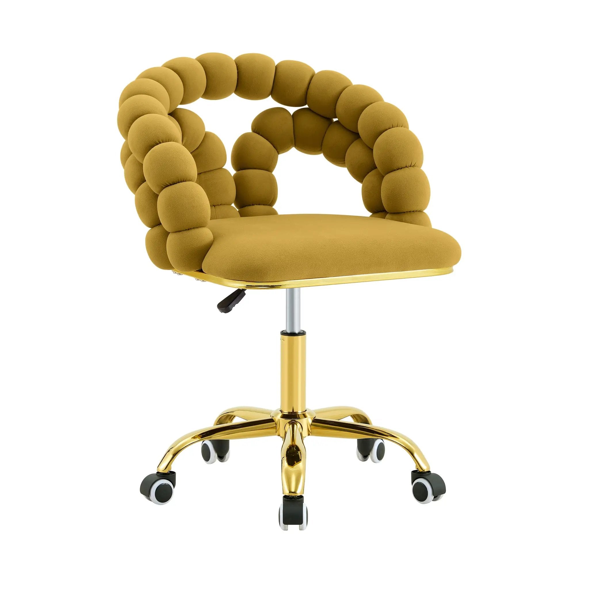 Velvet mustard yellow ergonomic swivel desk chair with gold base by Platinum-Level Office Chairs on a modern office floor.