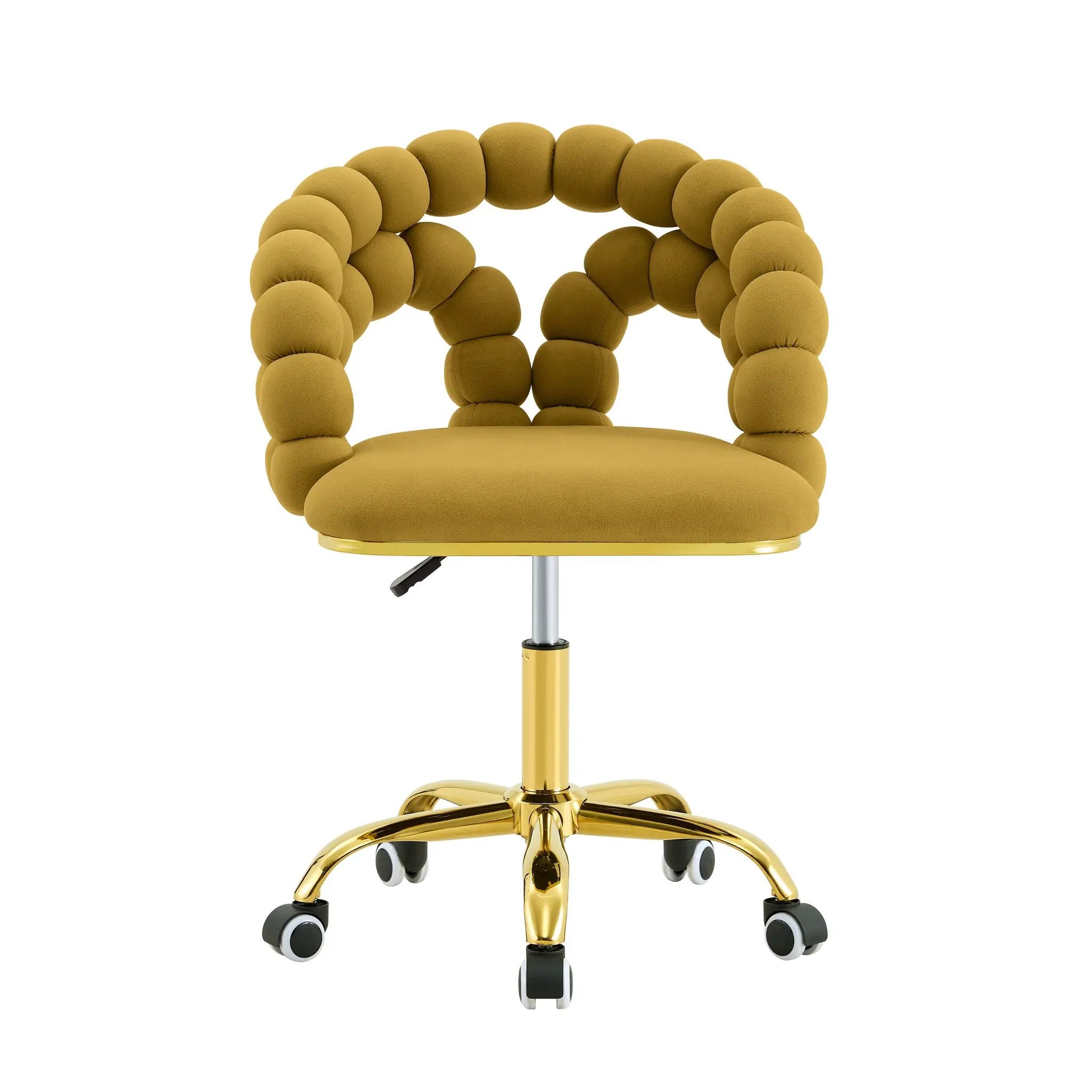Velvet mustard yellow ergonomic swivel desk chair with gold base by Platinum-Level Office Chairs, featuring a plush seat and modern design.