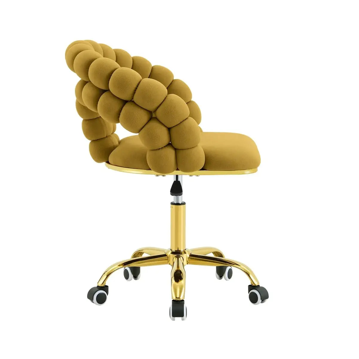 Velvet mustard yellow ergonomic swivel desk chair with gold base by Platinum-Level Office Chairs, featuring a modern design and padded seat.