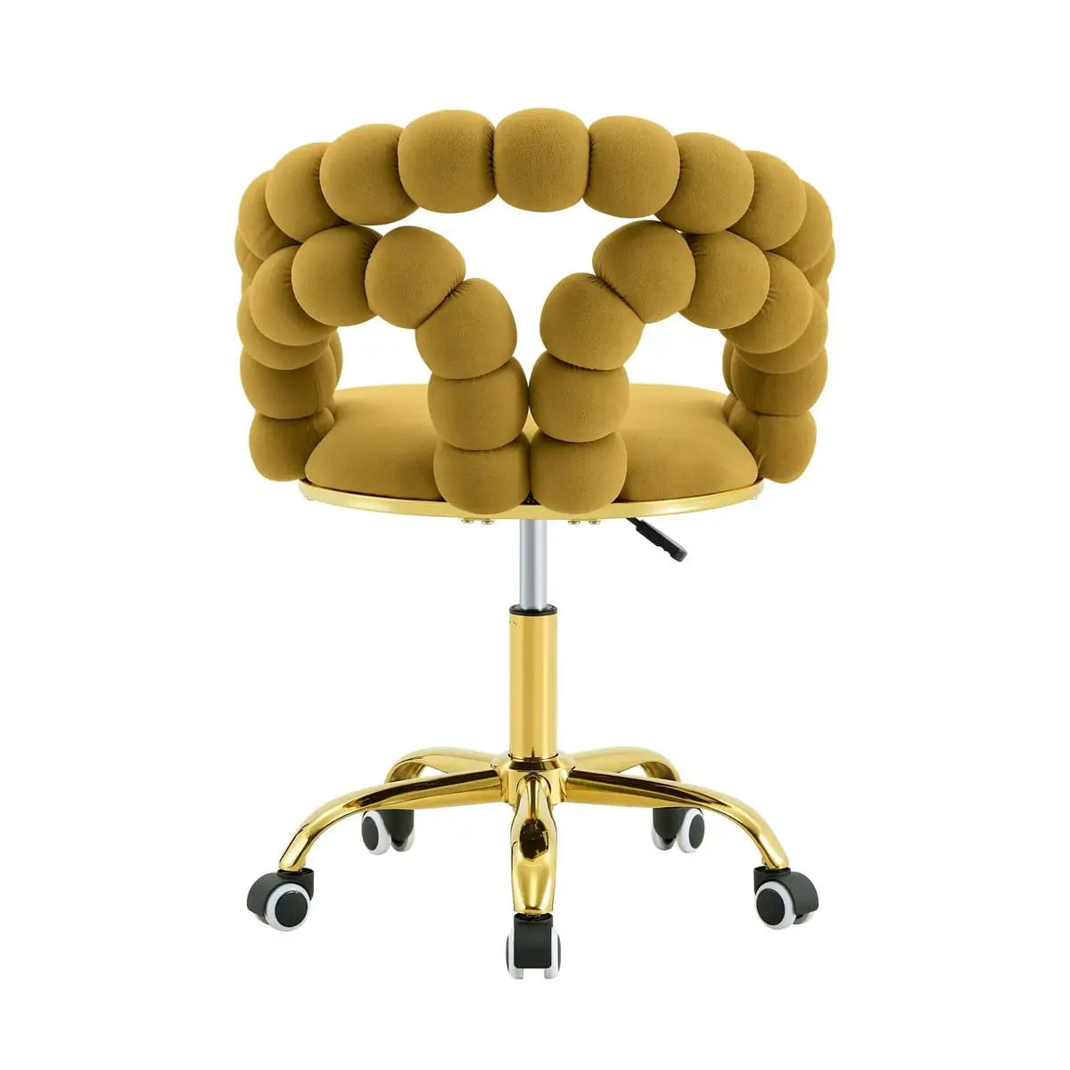 Velvet mustard yellow ergonomic swivel desk chair with a gold base, from Platinum-Level Office Chairs, featuring a plush seat and modern design.