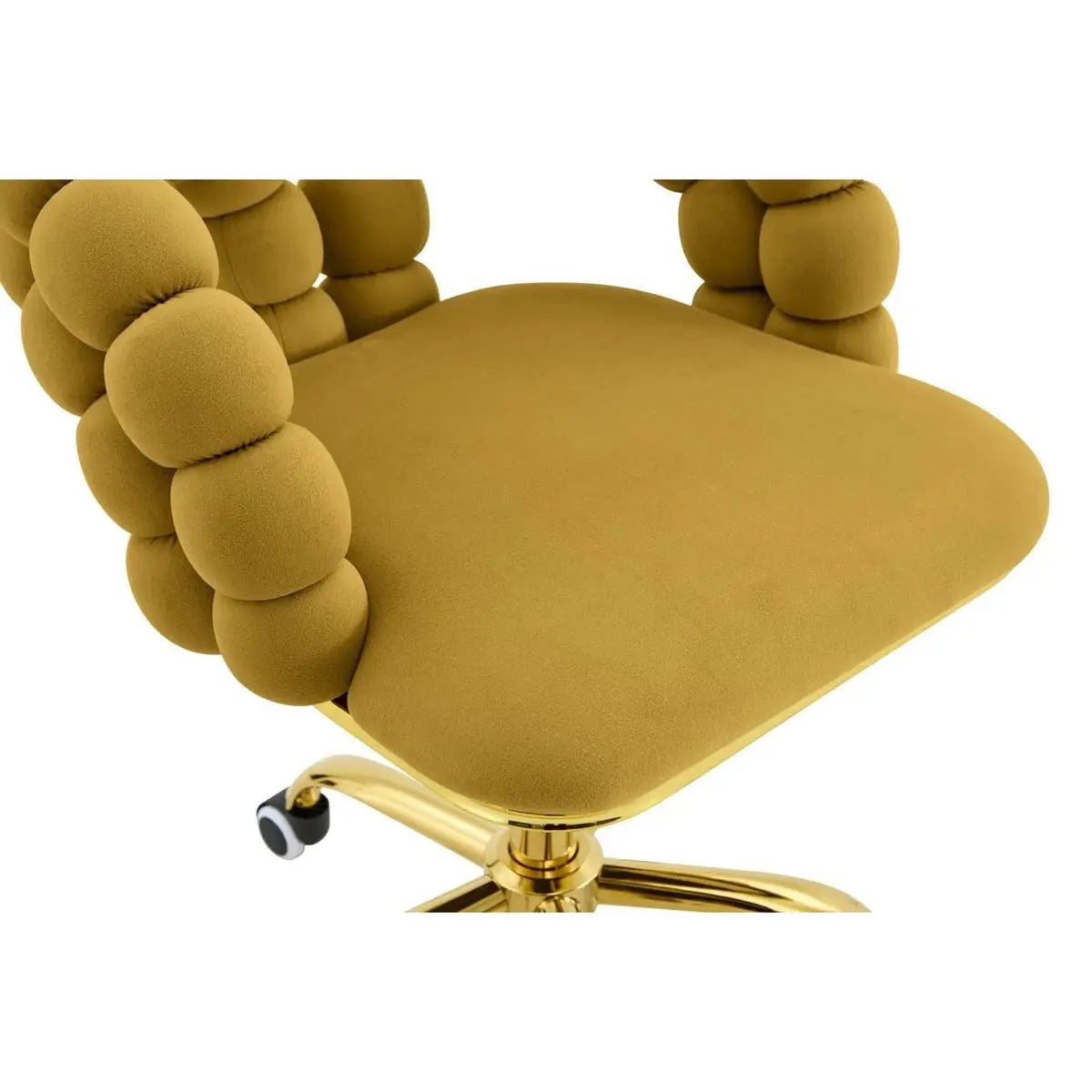 Velvet mustard yellow ergonomic swivel desk chair with gold base by Platinum-Level Office Chairs, featuring a plush seat and modern design.