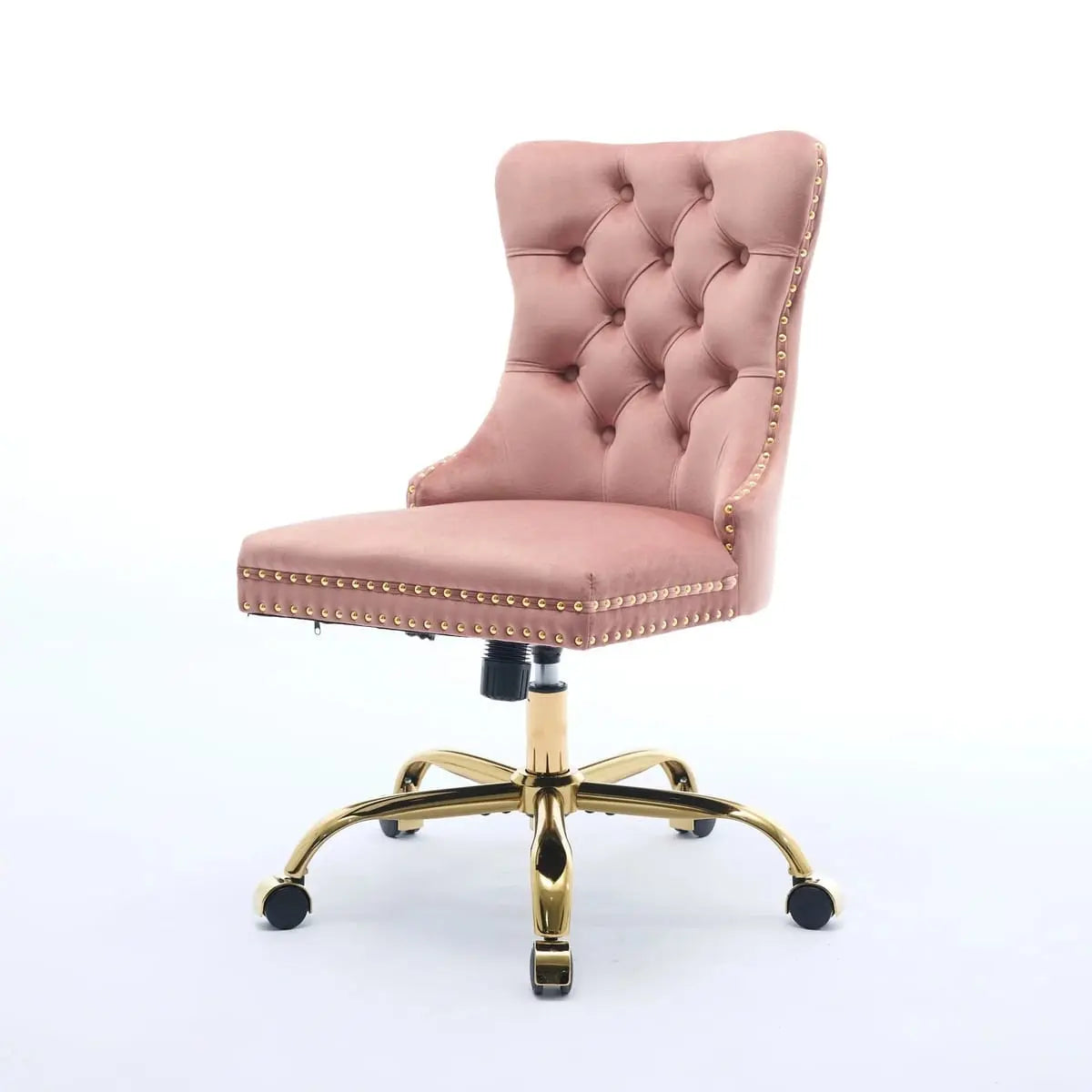Velvet pink office chair with tufted upholstery, gold base, and adjustable swivel for comfortable work seating.