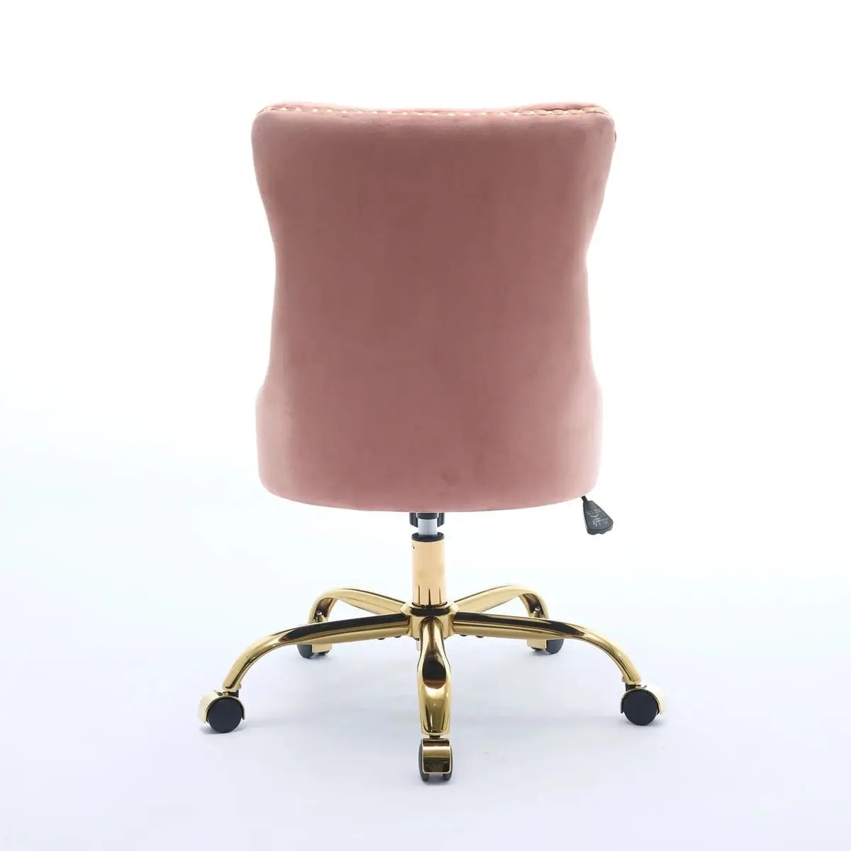 Velvet tufted pink office chair with golden base and adjustable swivel, designed for stylish office seating by Platinum-Level Office Chairs.
