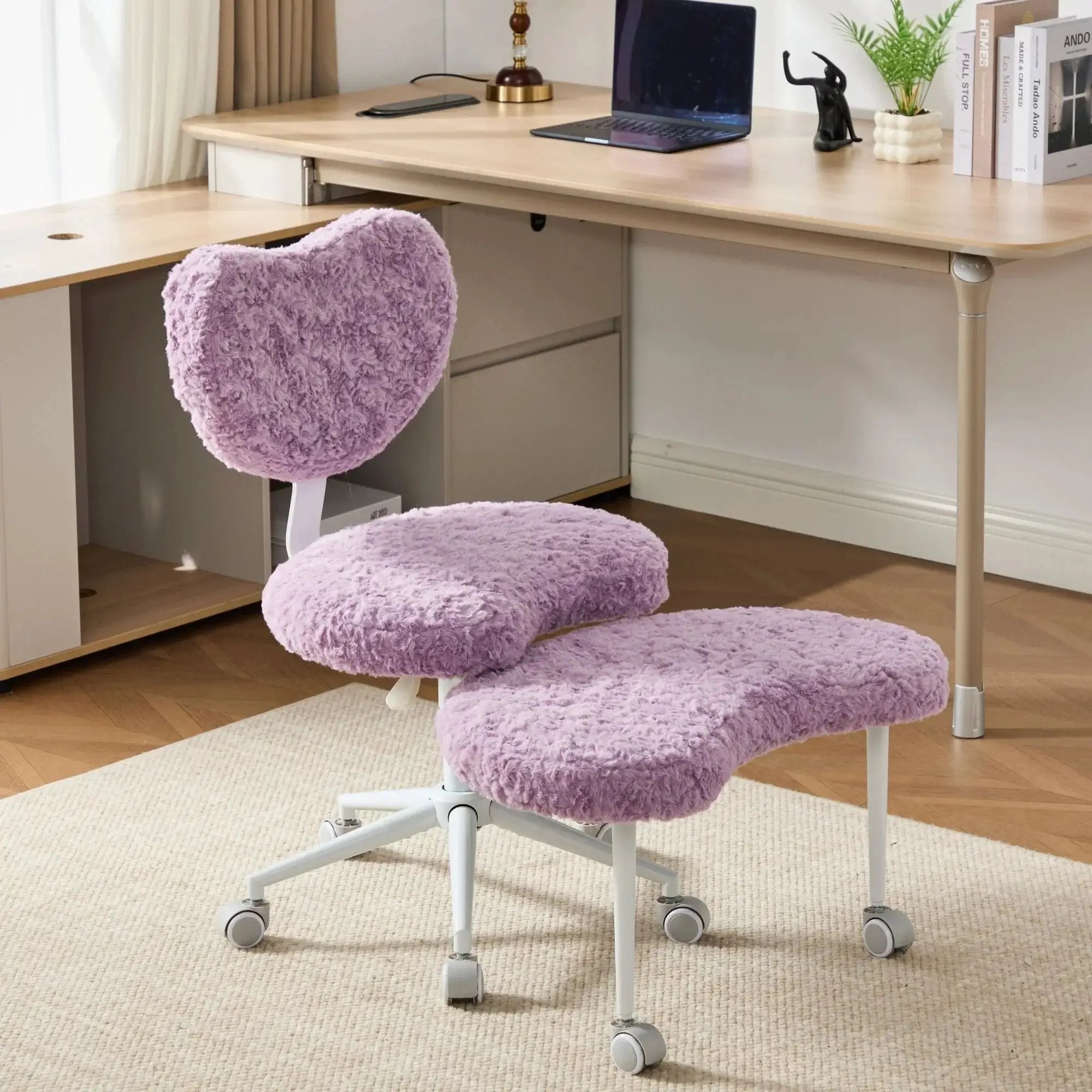 Violet artificial rabbit hair meditation chair with wheels, ergonomic lumbar support, and swivel design by Platinum-Level Office Chairs