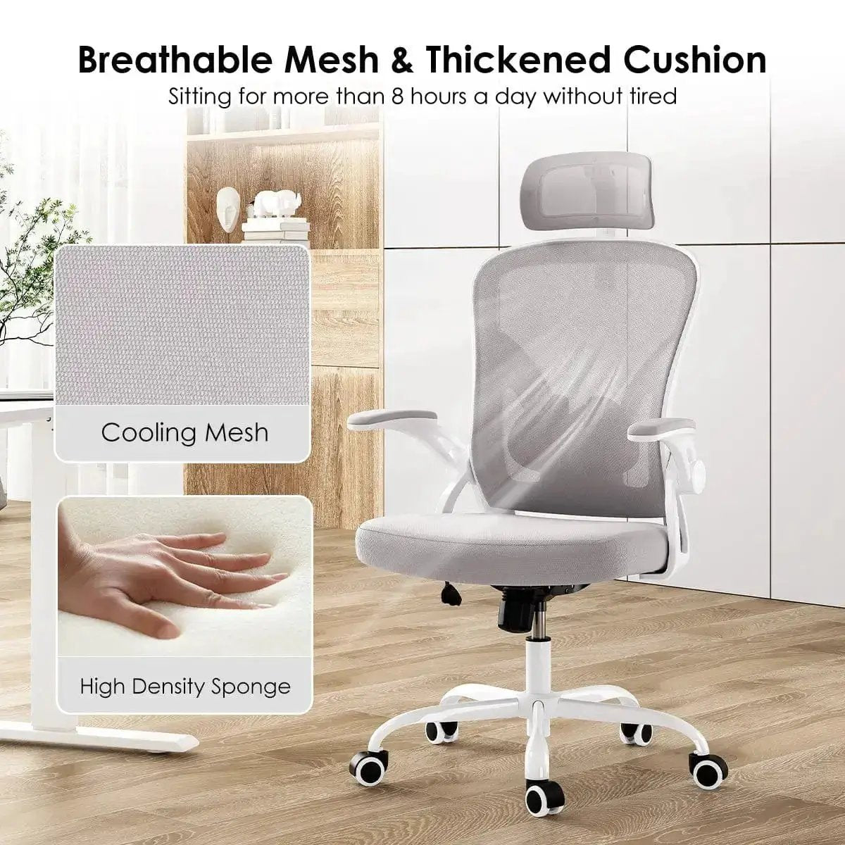 White Gray Ergonomic Office Chair High Back Lumbar Support Headrest - Platinum-Level Office Chairs