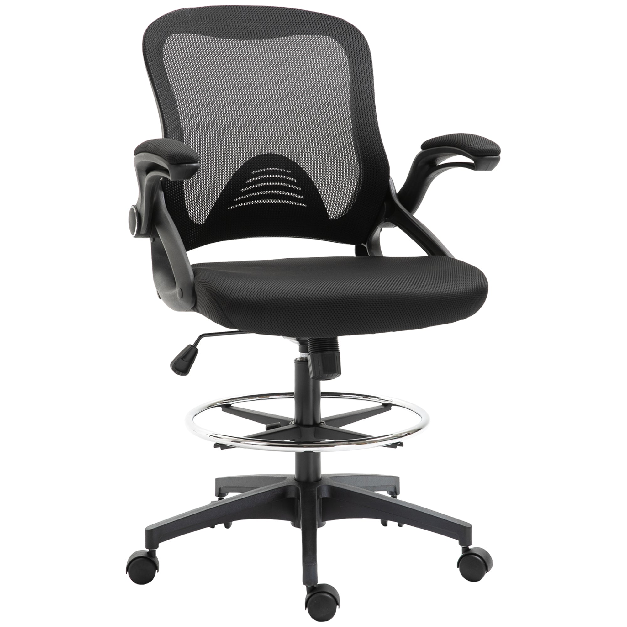 Mesh Drafting Chair, Tall Office Chair with Lumbar Support, Flip-Up Armrests, Footrest Ring and Adjustable Seat Height, Black - Platinum-Level Office Chairs
