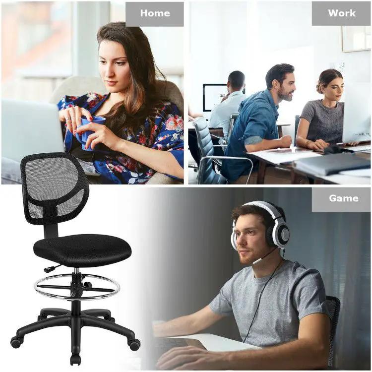 Black ergonomic mesh mid-back drafting chair by Platinum-Level Office Chairs with height-adjustable seat and ergonomic design.