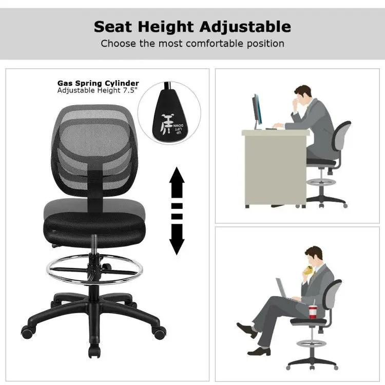 Black ergonomic mesh mid-back drafting chair by Platinum-Level Office Chairs with height-adjustable seat and supportive ergonomic design.