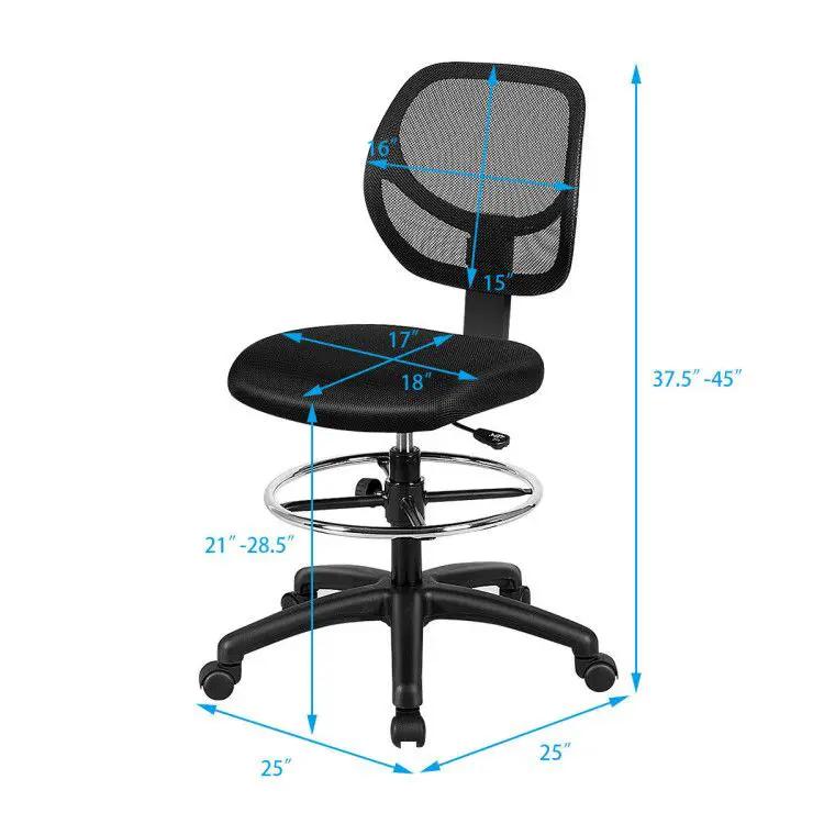 Black ergonomic mesh mid-back drafting chair with adjustable seat height from Platinum-Level Office Chairs.