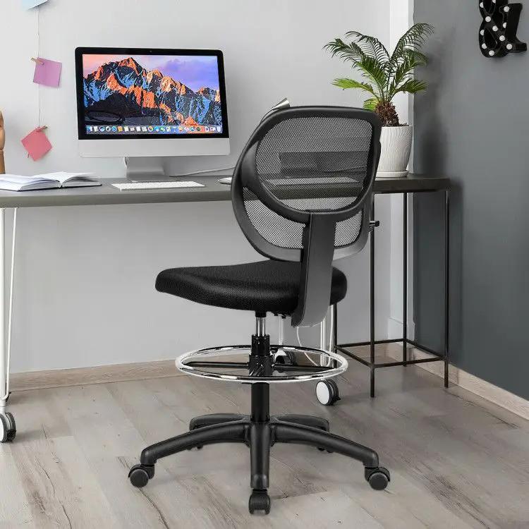 Black ergonomic mesh mid-back drafting chair from Platinum-Level Office Chairs with height-adjustable seat and ergonomic design.