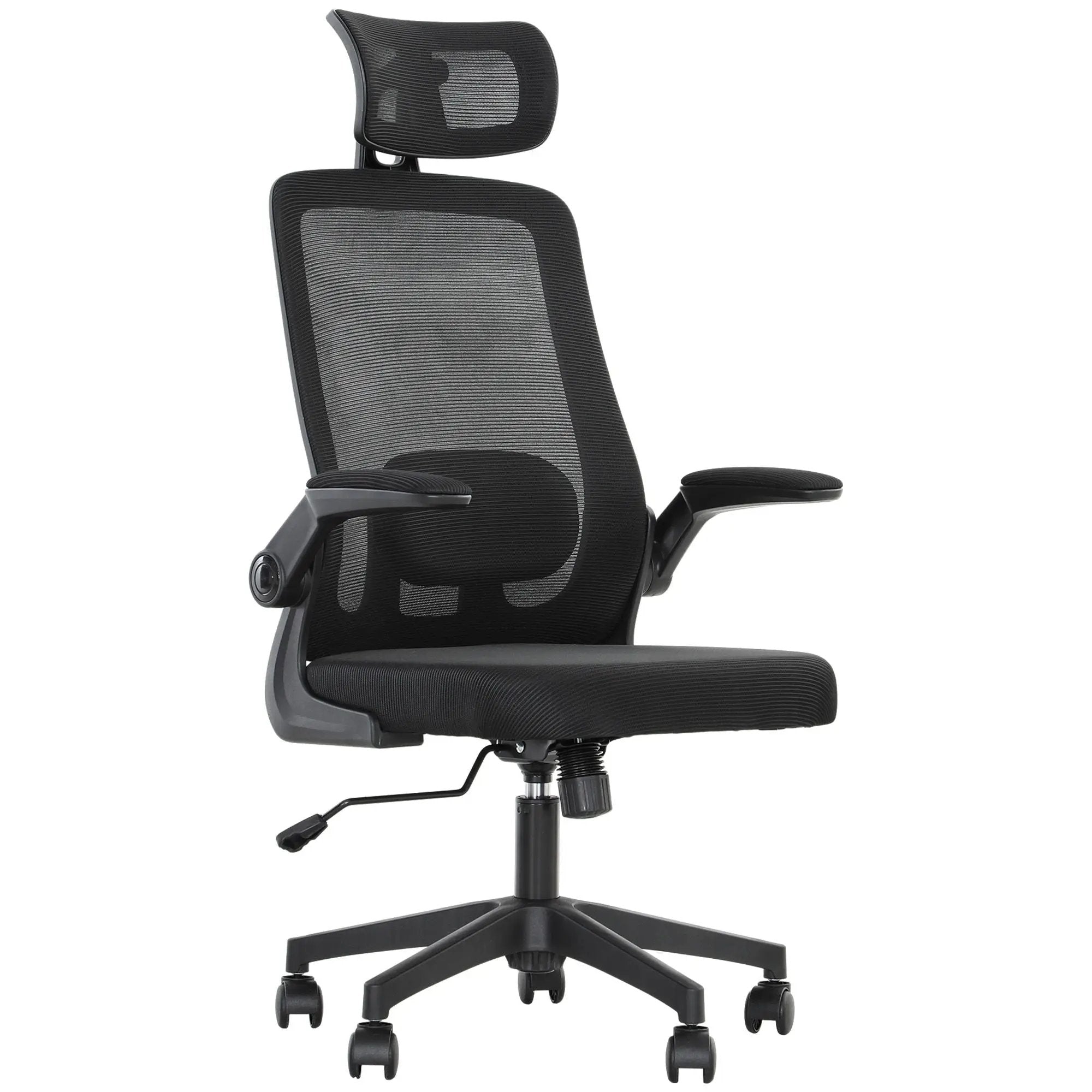 Black ergonomic mesh office chair by Platinum-Level Office Chairs with adjustable lumbar support and headrest for comfort.