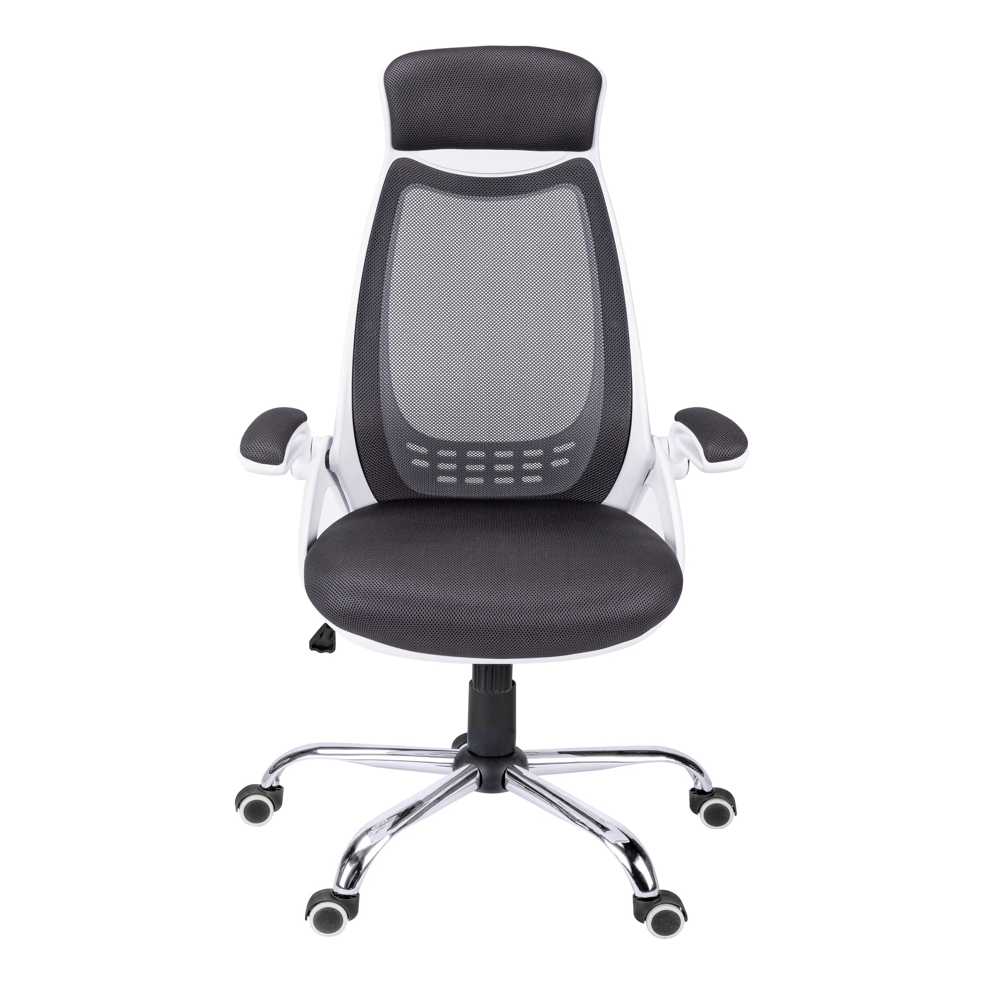 Platinum-Level Office Chairs ergonomic grey mesh office chair with adjustable height, swivel, chrome base, and modern design.
