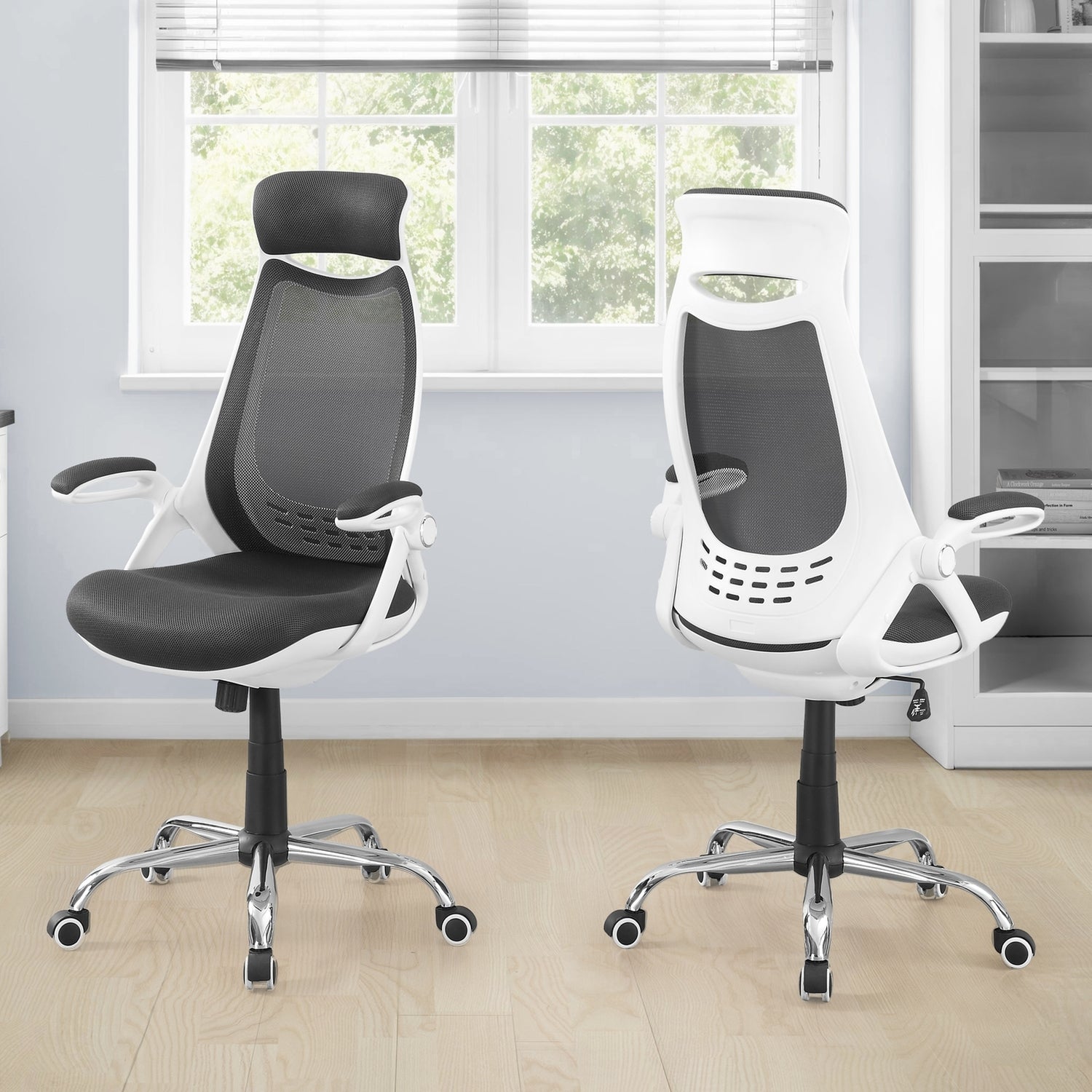 Platinum-Level Office Chairs ergonomic office chair with grey mesh fabric, chrome base, adjustable height, and swivel for modern workspaces.