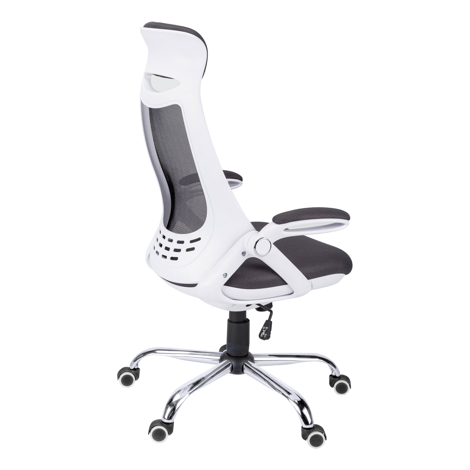 Contemporary ergonomic office chair with grey mesh fabric, chrome base, adjustable height, and swivel for modern workspace comfort.