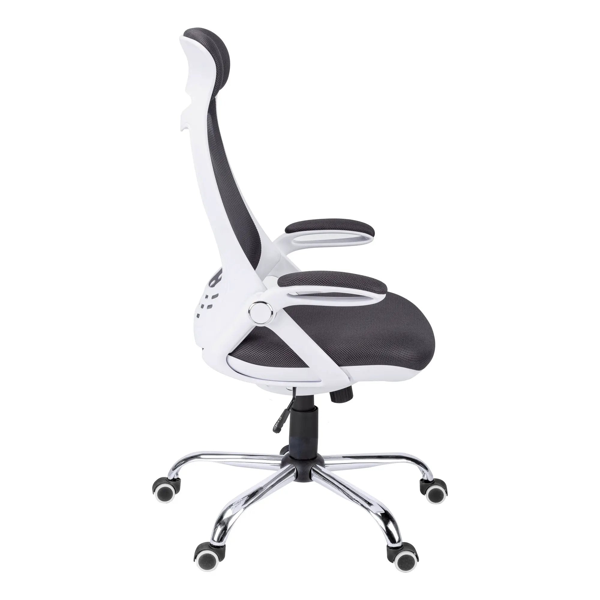 Platinum-Level Office Chairs ergonomic office chair with grey mesh fabric, chrome metal base, adjustable height, and swivel for modern workspaces.