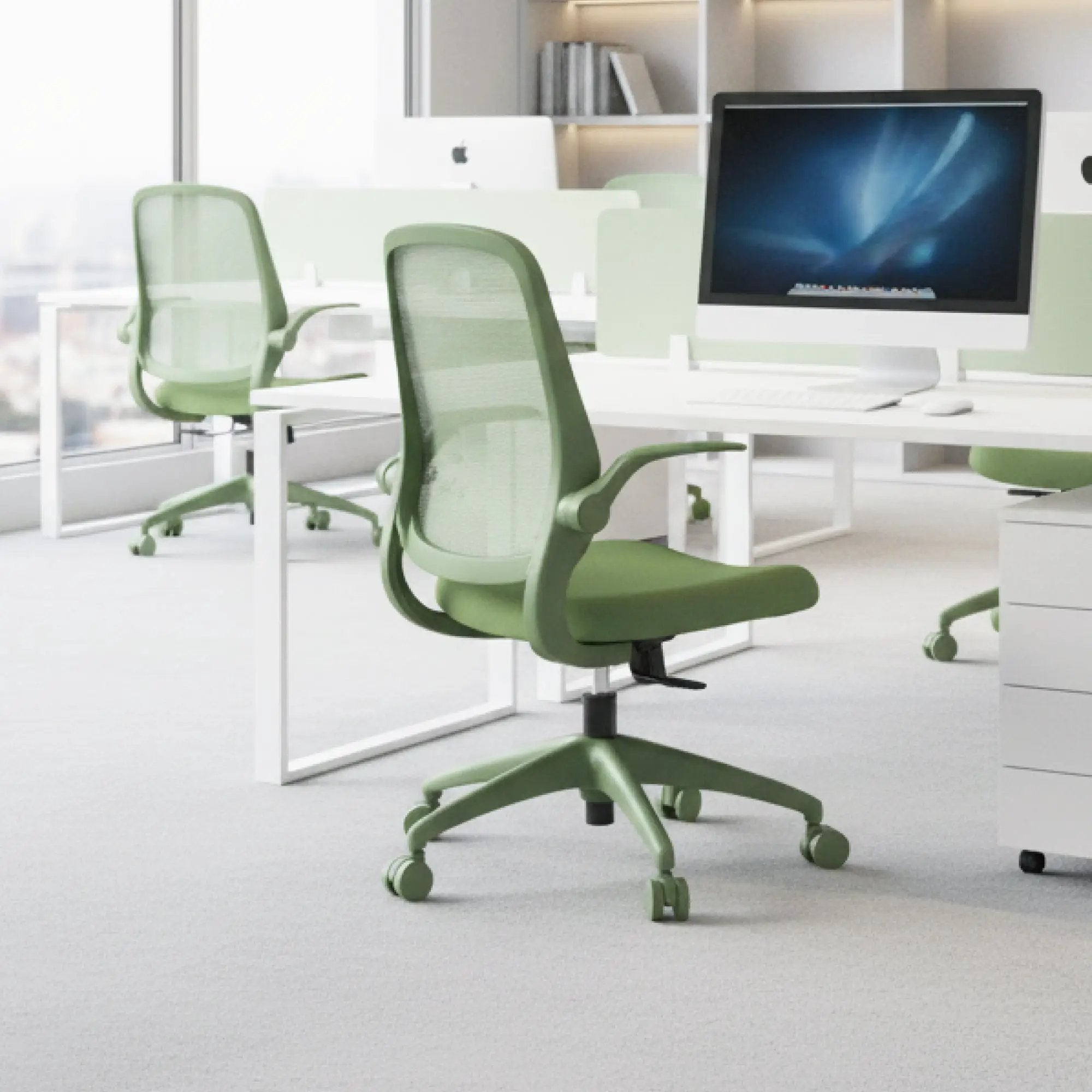 Green ergonomic office chair with mesh back and integrated molded foam seat, by Platinum-Level Office Chairs.