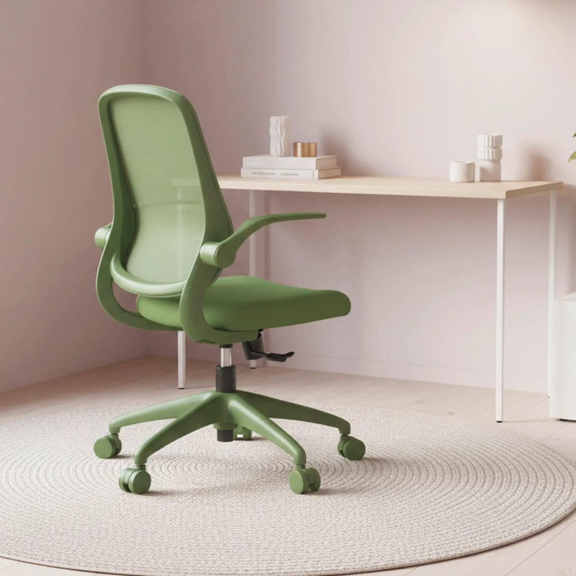 Green ergonomic office chair with mesh back and integrated molded foam, designed for home office comfort by Platinum-Level Office Chairs.