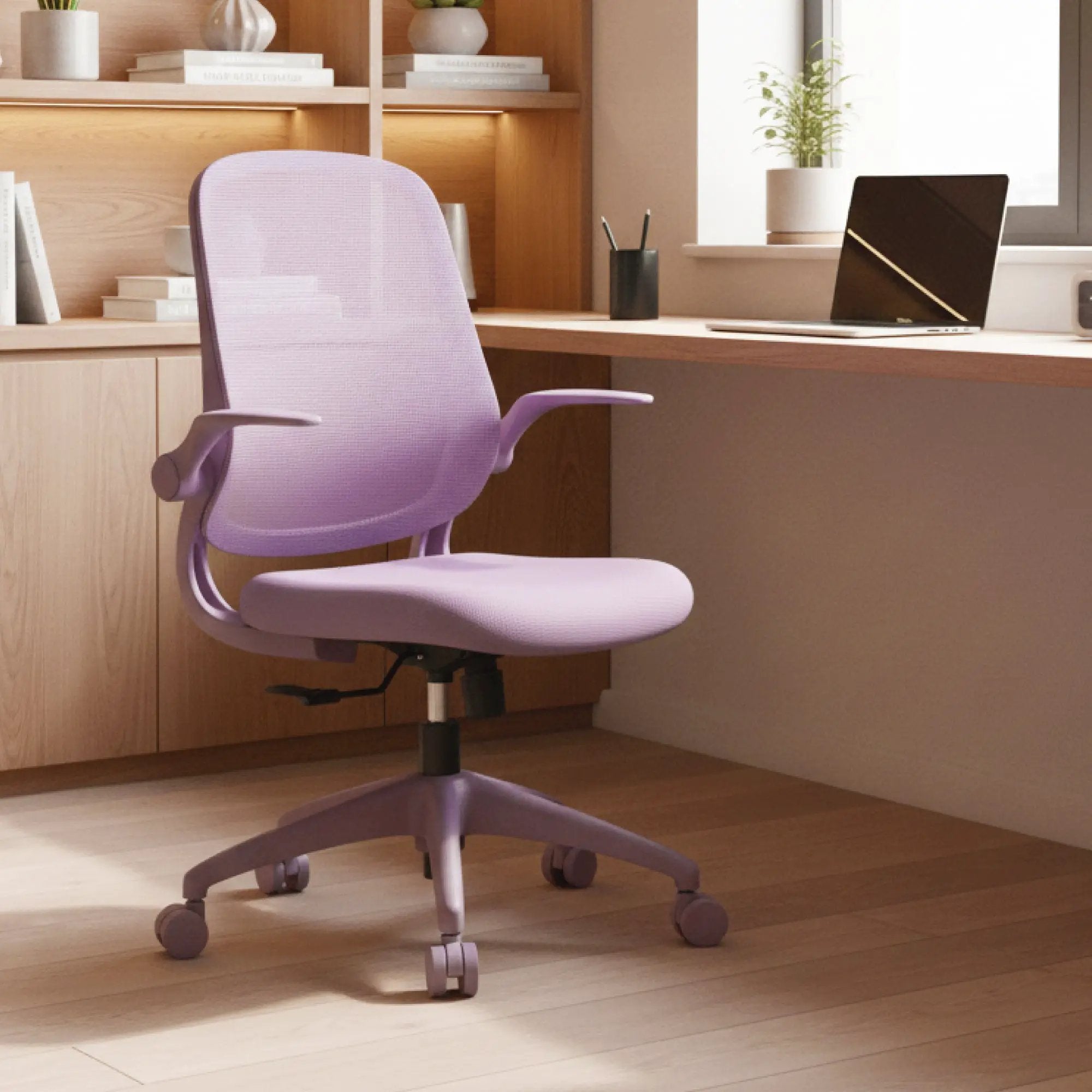 Purple ergonomic office chair with mesh back and molded foam seat from Platinum-Level Office Chairs, designed for home office comfort.