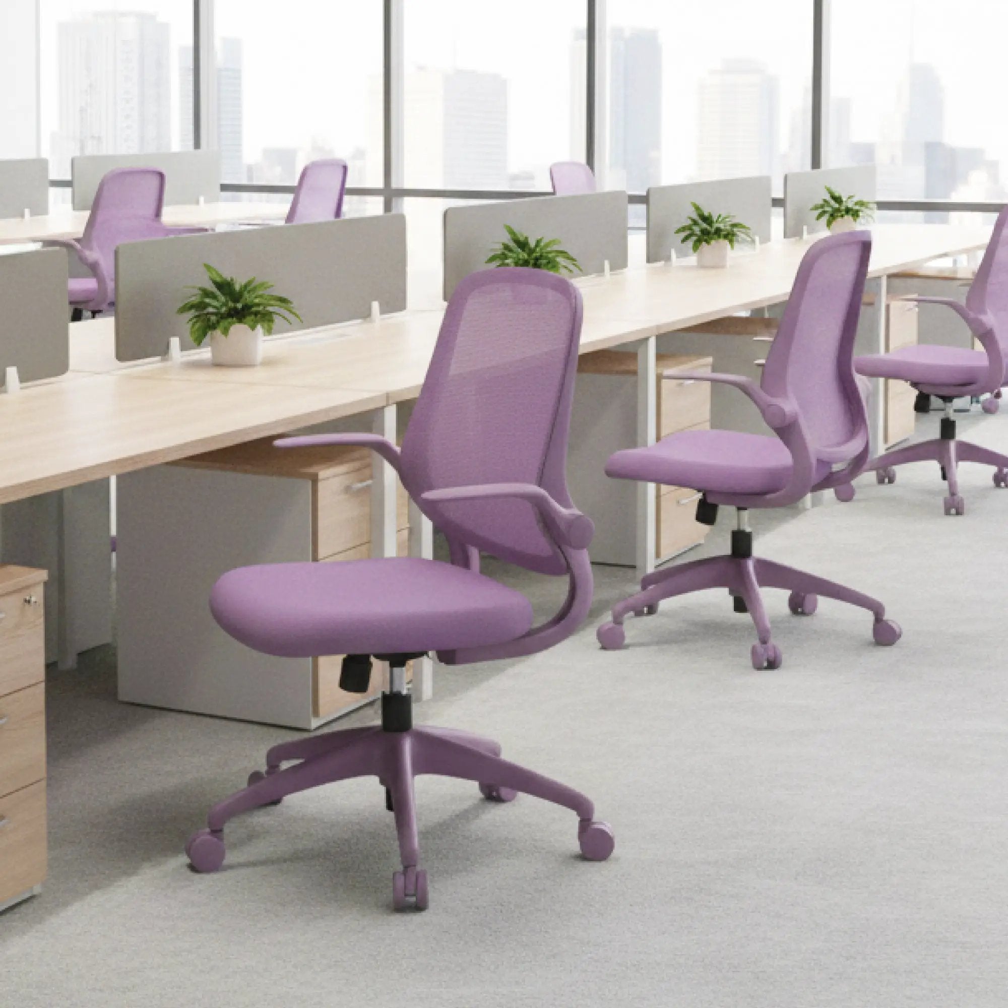 Purple ergonomic office chair with mesh back and molded foam seat by Platinum-Level Office Chairs, designed for home office comfort.
