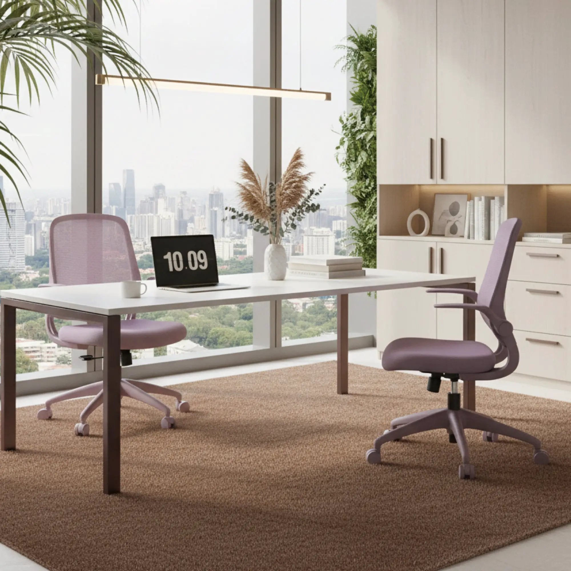 Purple ergonomic office chair with mesh back and molded foam seat, designed for home office comfort by Platinum-Level Office Chairs.