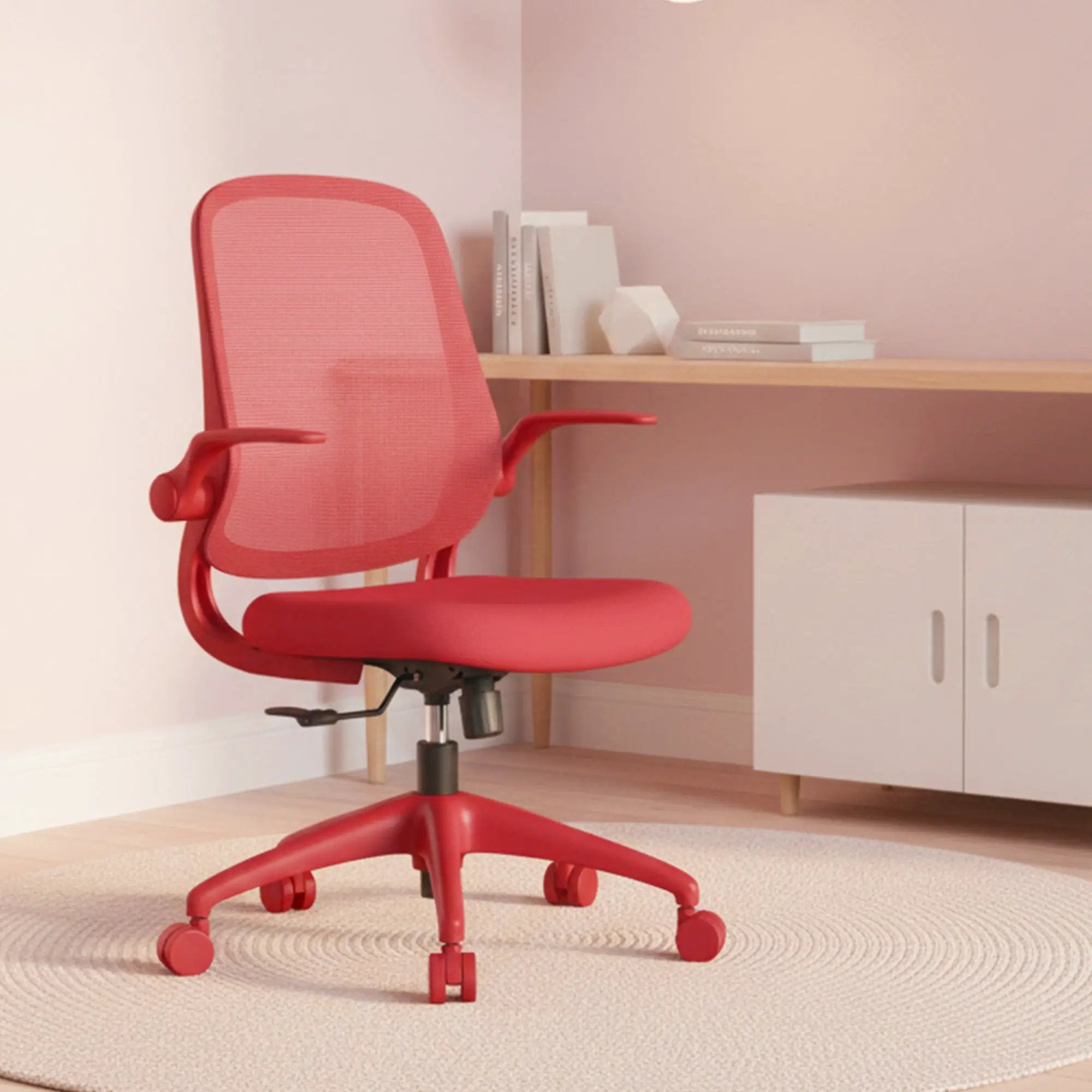Red ergonomic office chair with mesh back and molded foam seat, designed for comfortable home workspace from Platinum-Level Office Chairs.