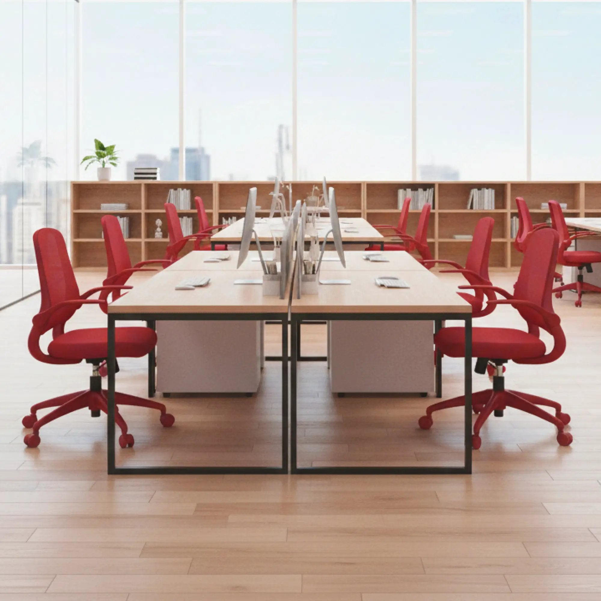 Red ergonomic office chair with mesh back and integrated molded foam for comfortable home workspace from Platinum-Level Office Chairs