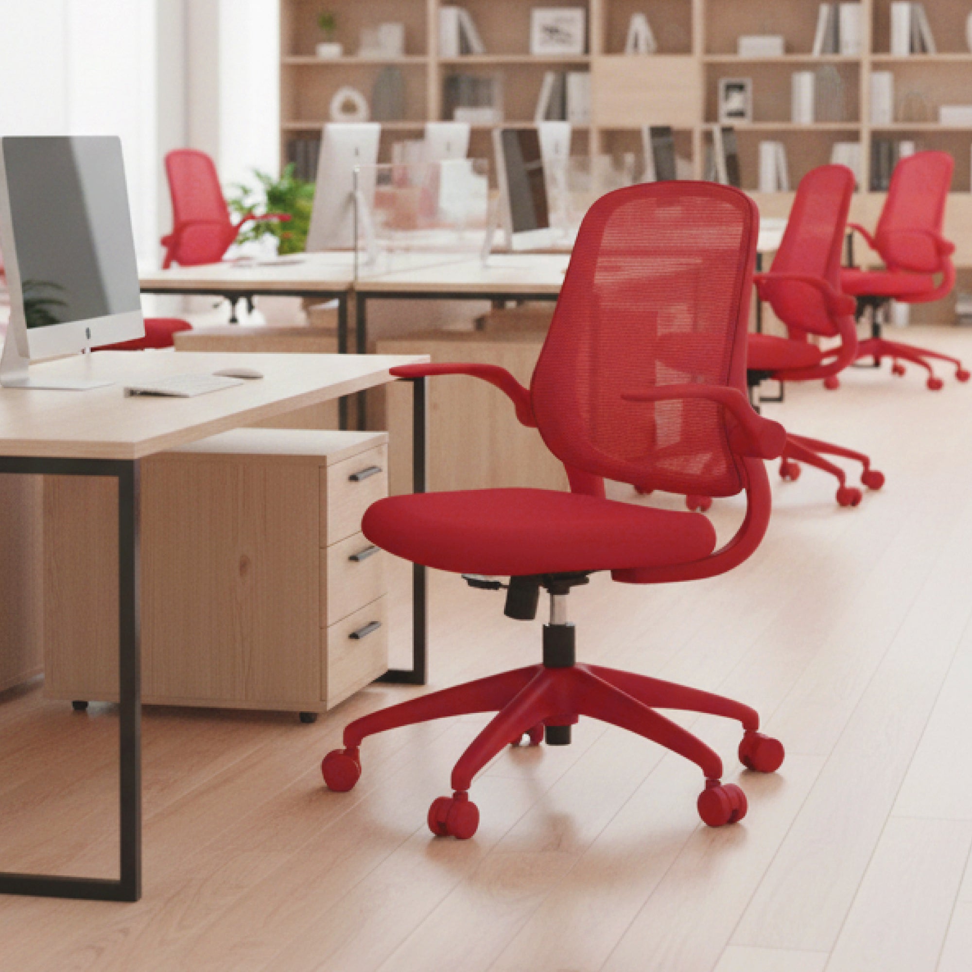 Red ergonomic office chair with mesh back and molded foam seat by Platinum-Level Office Chairs, designed for home office comfort.