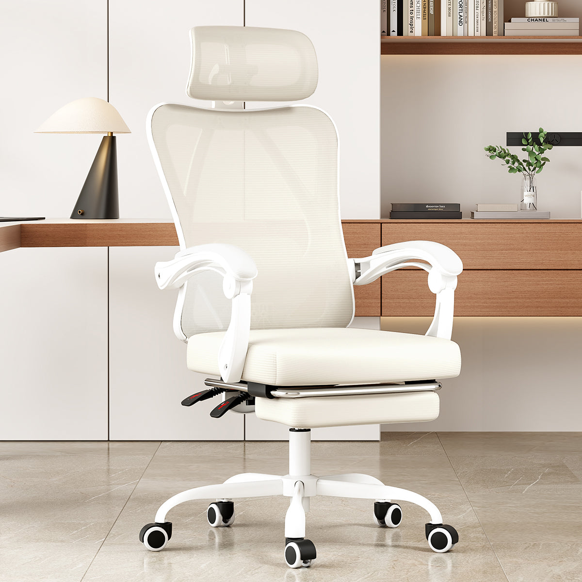 White ergonomic office chair with footrest and headrest from Platinum-Level Office Chairs, featuring mesh design for comfort.
