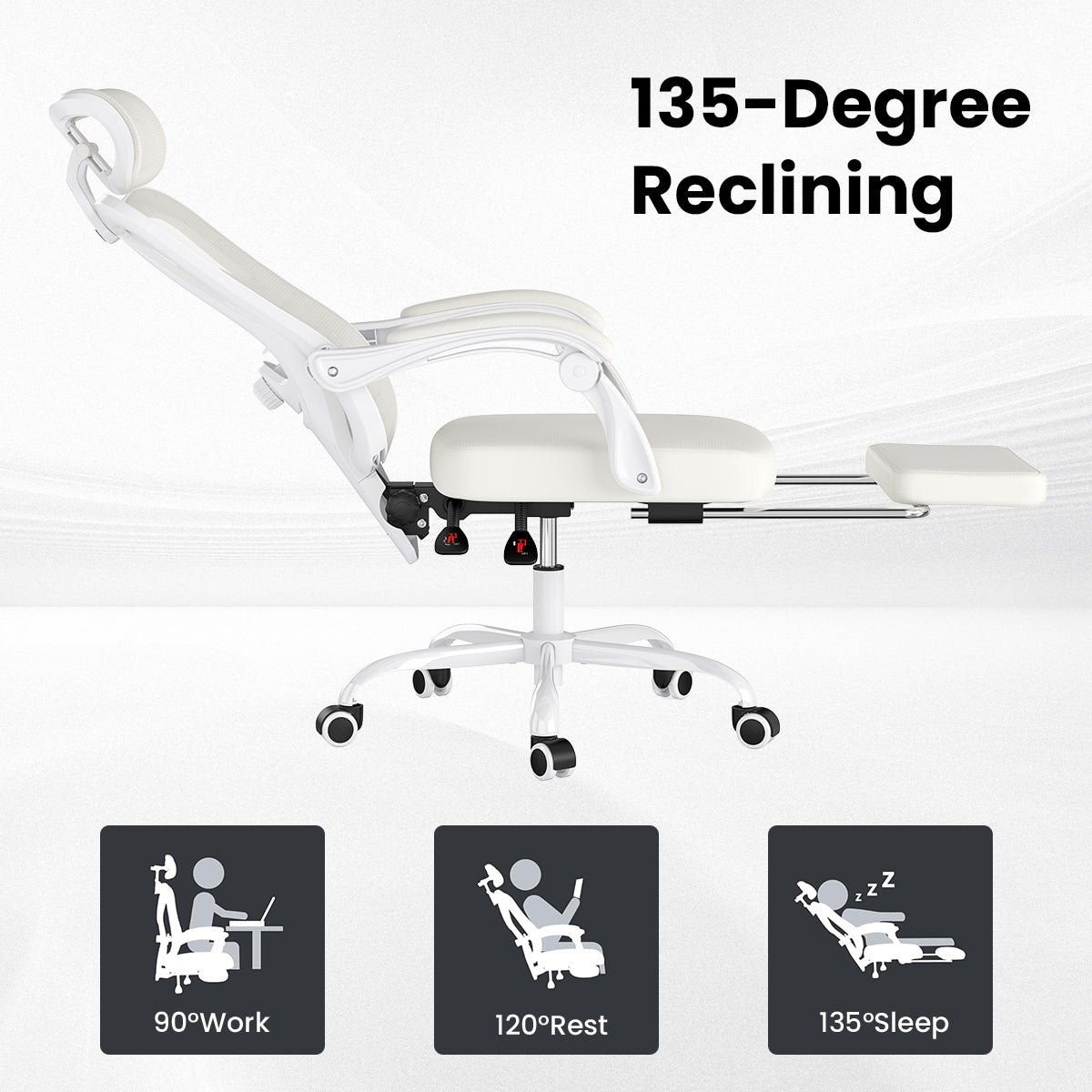 White ergonomic office chair with footrest and headrest, mesh design by Platinum-Level Office Chairs.