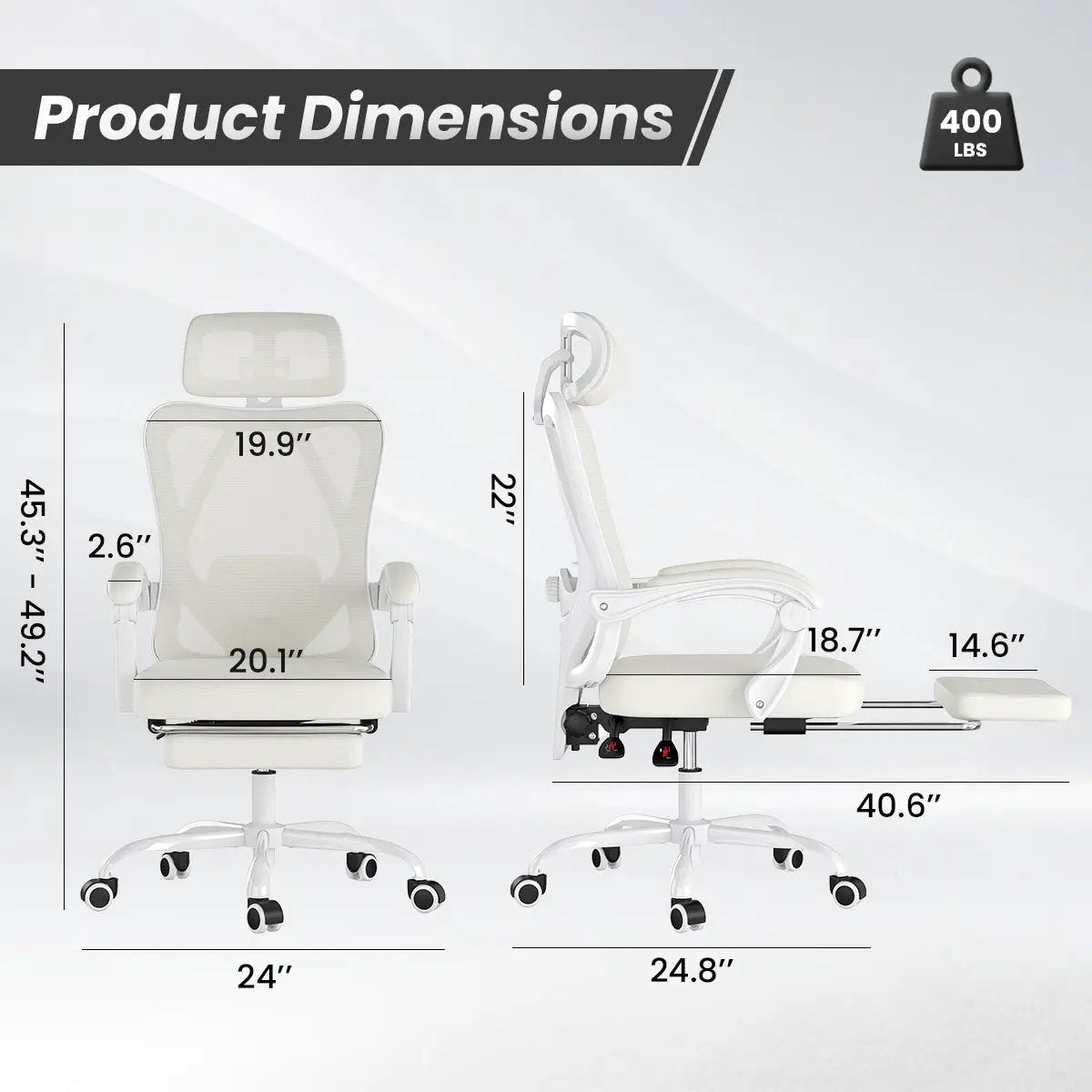 White ergonomic office chair with footrest and headrest, mesh design by Platinum-Level Office Chairs for comfortable workspace support.