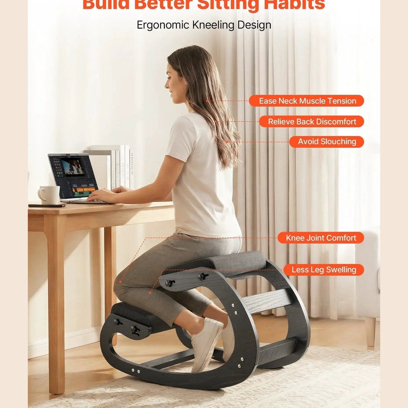 Platinum-Level Office Chairs ergonomic kneeling chair with adjustable height, wooden frame, and thick cushions for posture support.