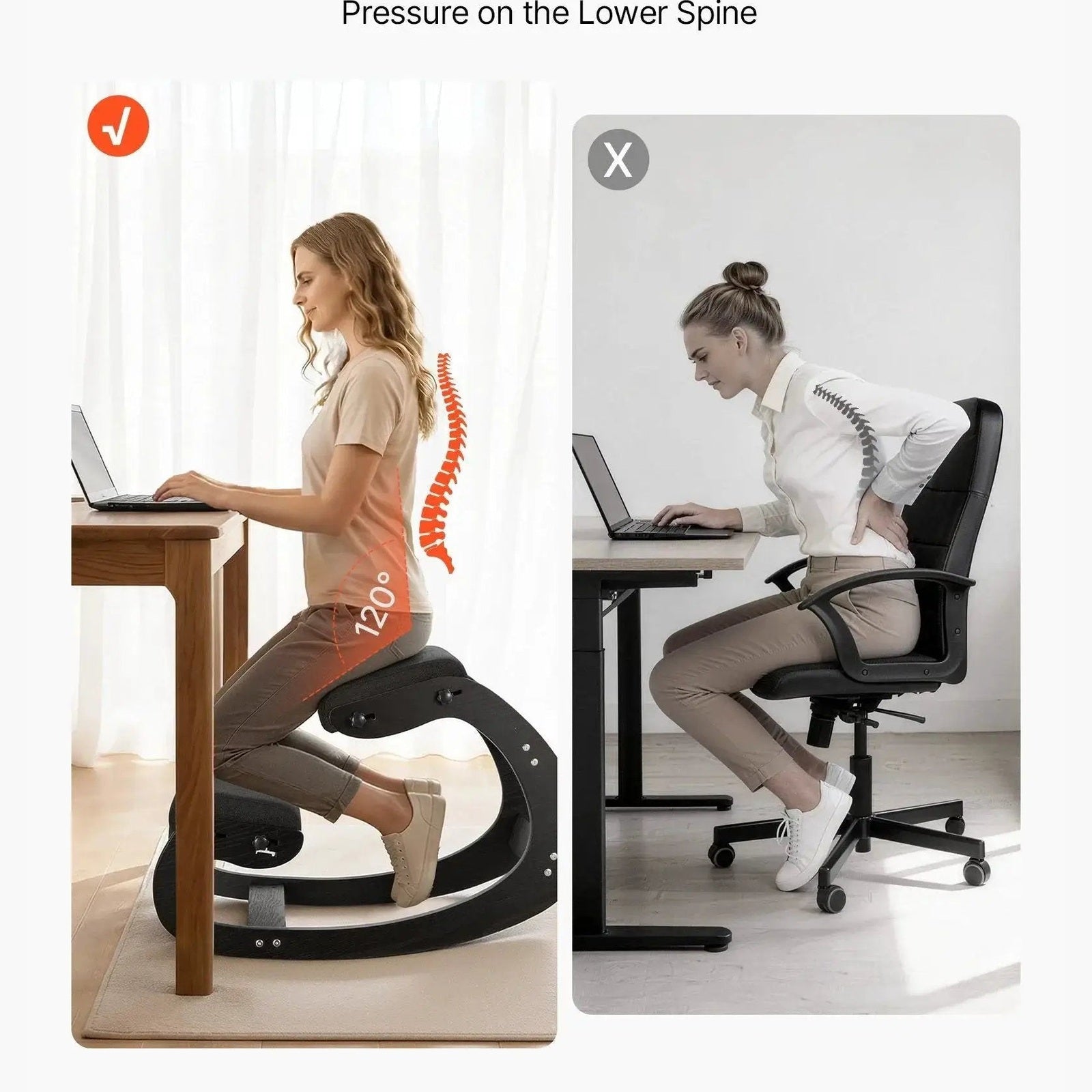 Platinum-Level Office Chairs ergonomic kneeling chair with wooden frame, adjustable height, thick cushions for posture and back pain relief.